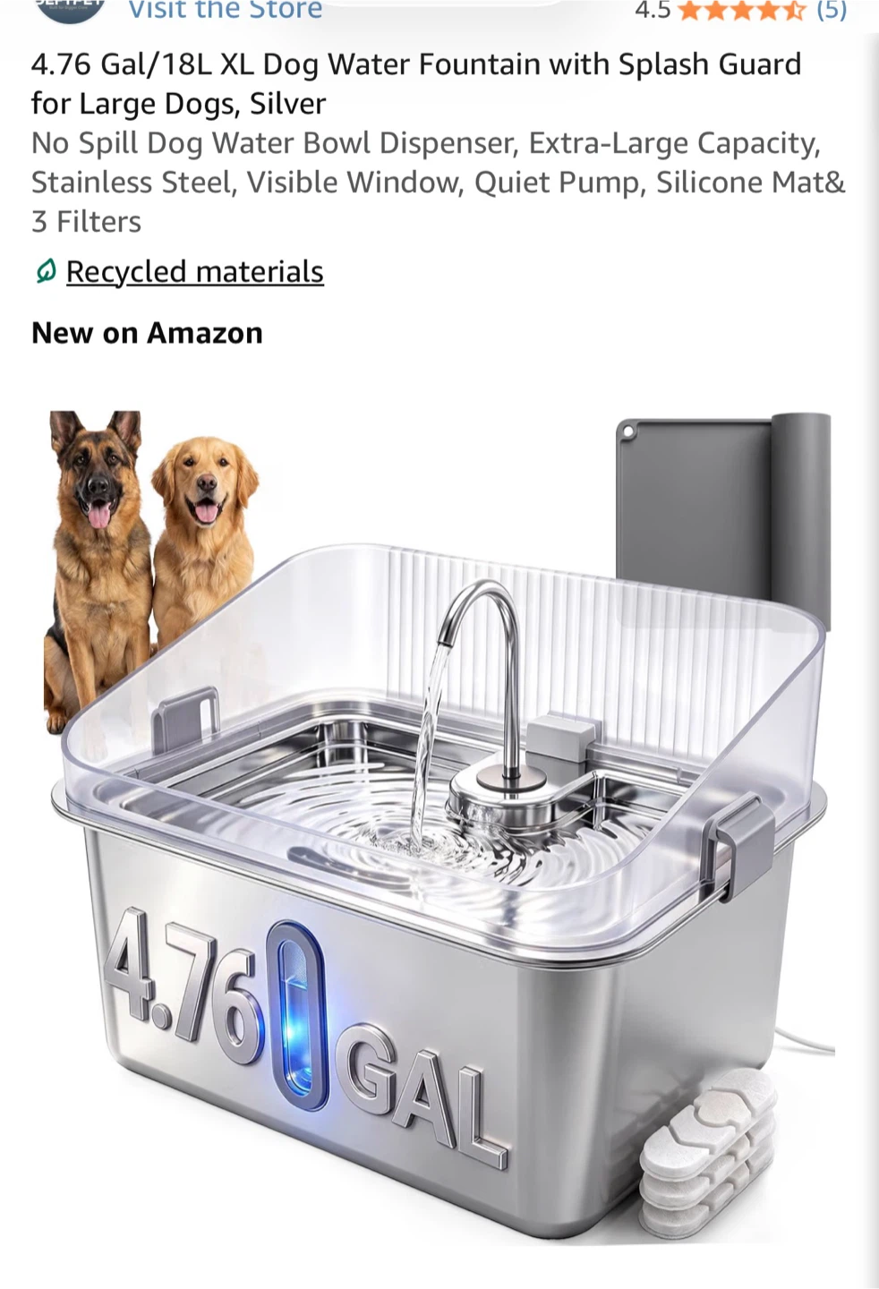 4.76 Gal/18L XL Stainless Steel Pet Water Fountain