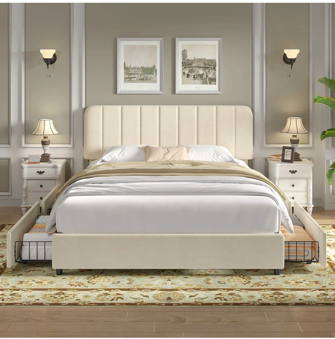 Full Beige Upholstered Storage Bed