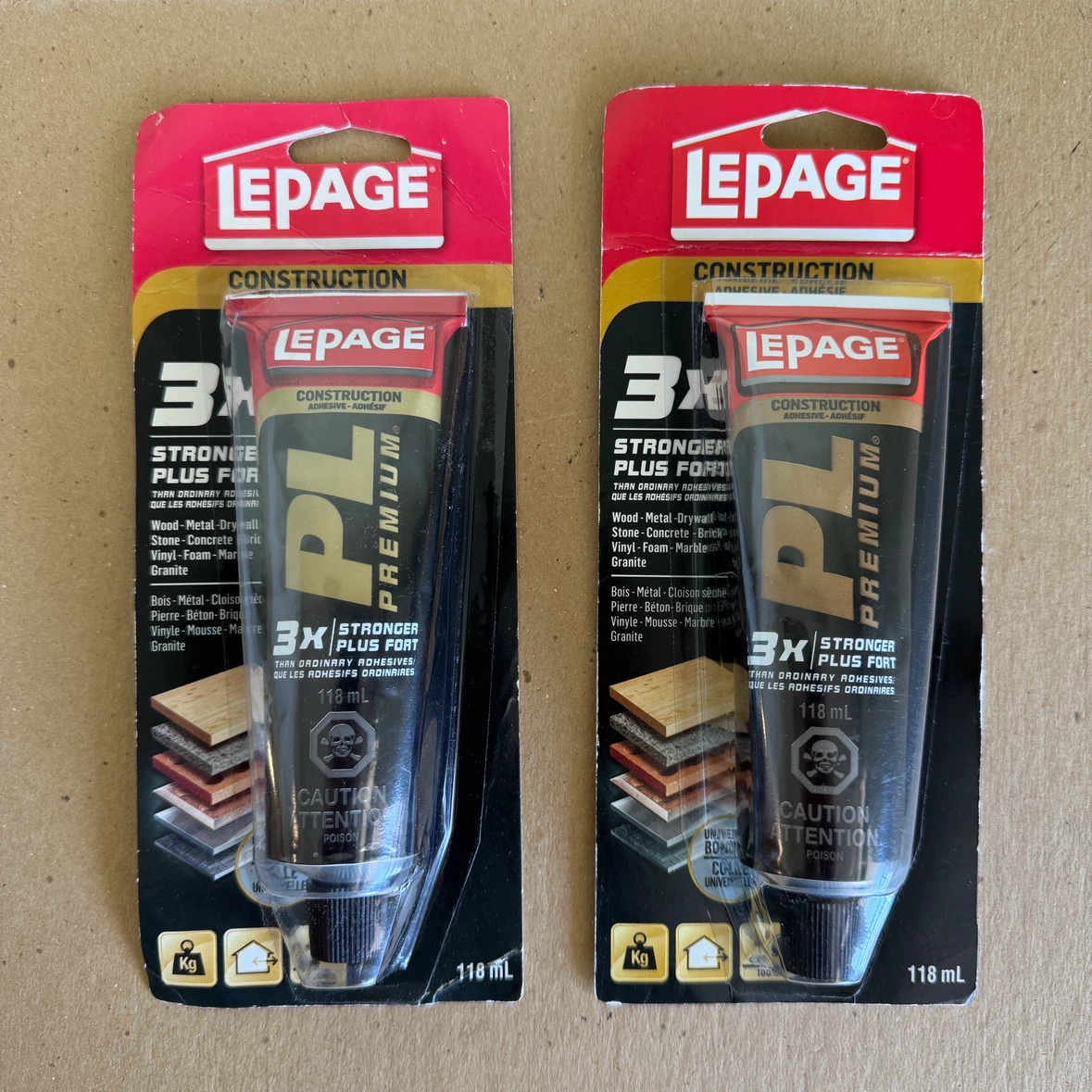 2 Tubes of LePage PL Premium Construction Adhesive 118 ml