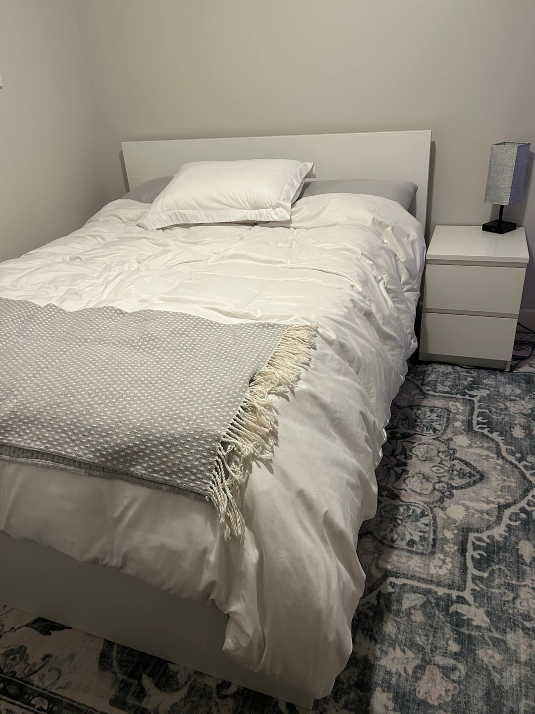 Malm queen bed and side table mattress included