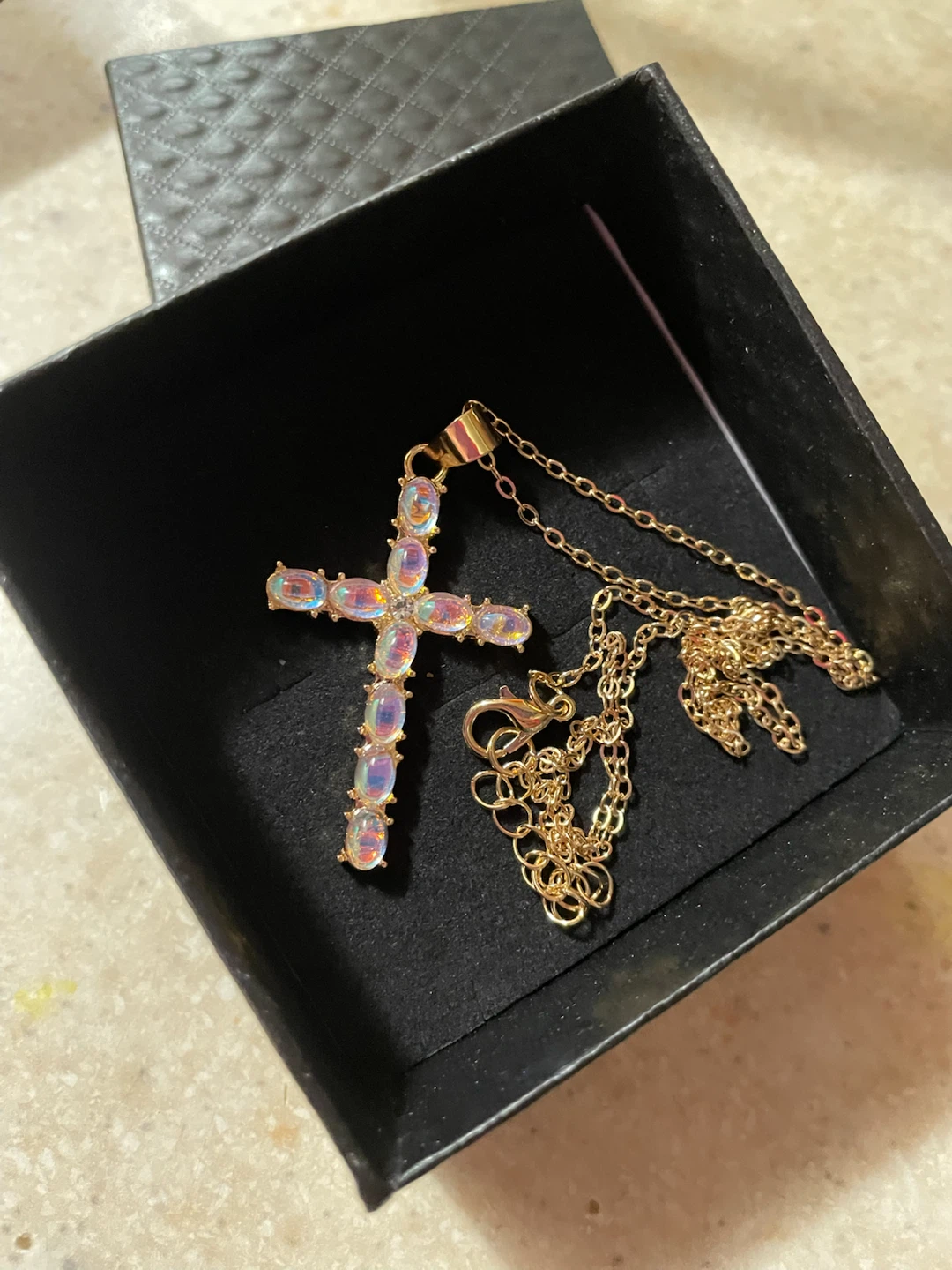 Gold-Tone Opal-Style Cross Pendant Necklace