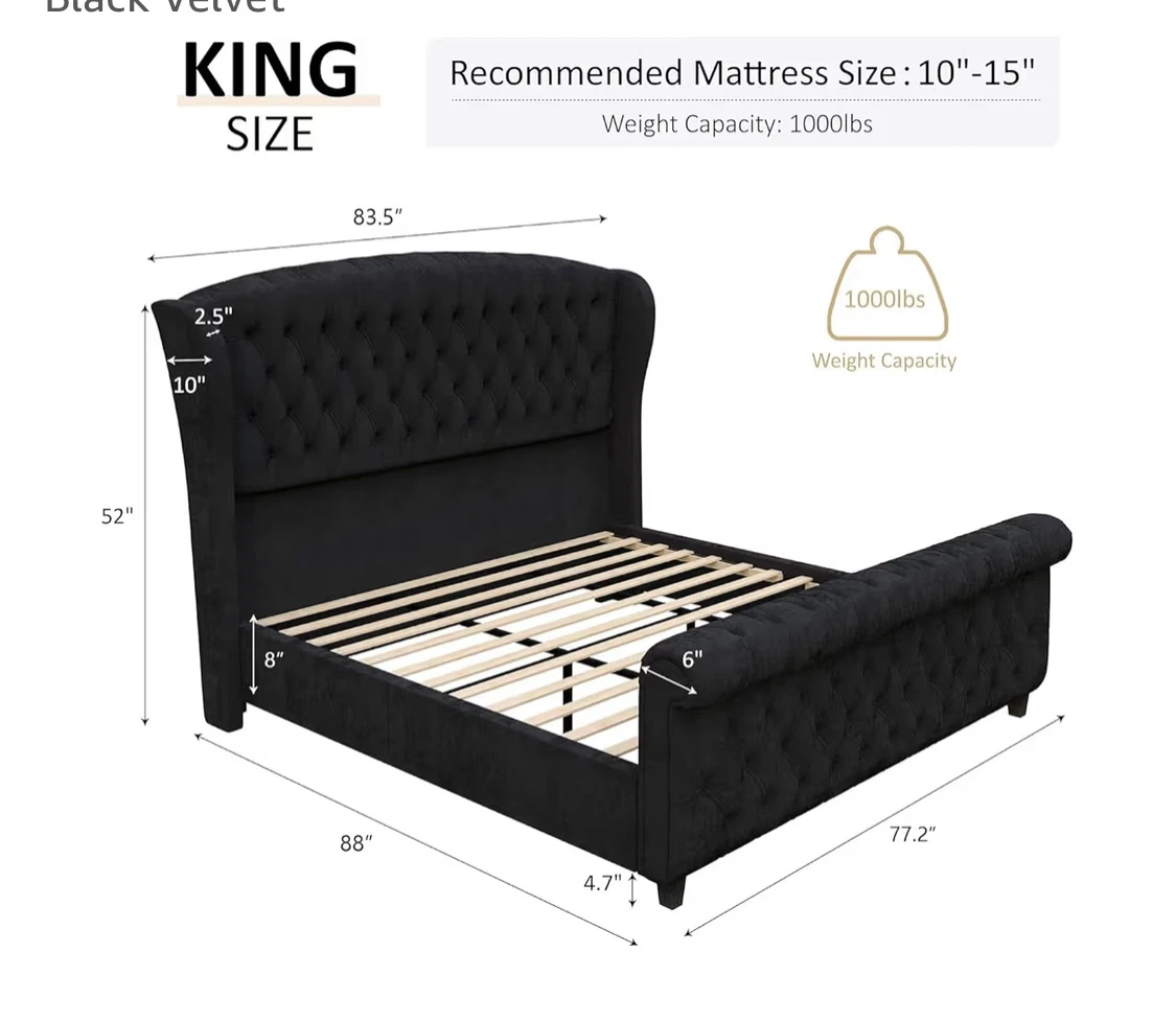 King Size Black Velvet Upholstered Bed Frame - photo 4
