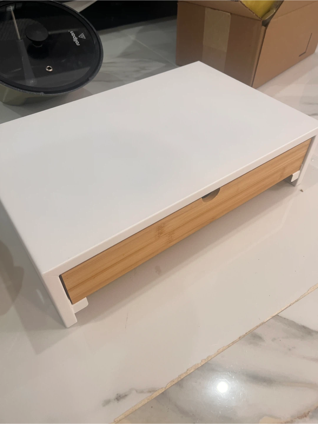 White Desktop Monitor Stand with Bamboo Drawer