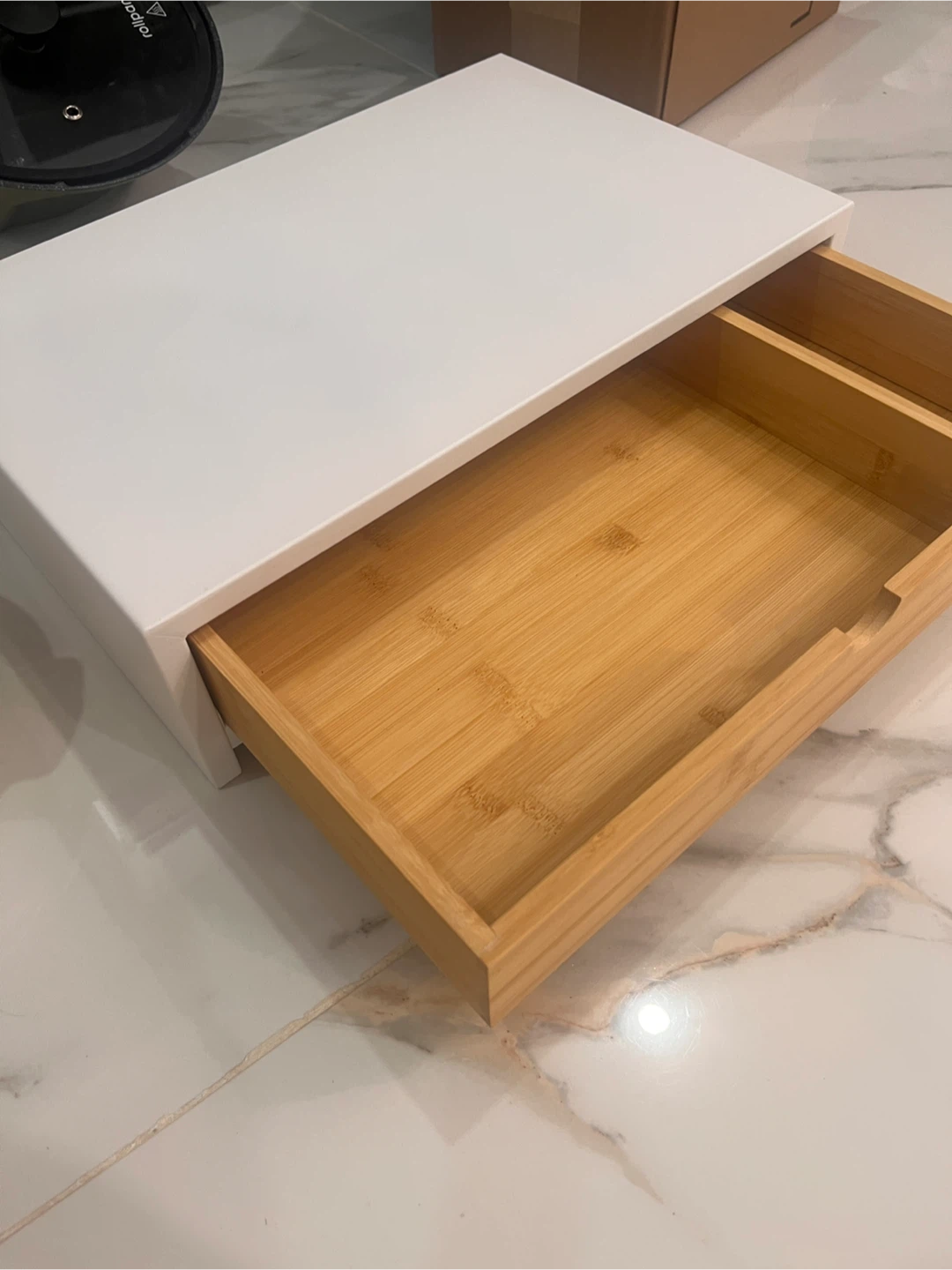 White Desktop Monitor Stand with Bamboo Drawer - photo 2