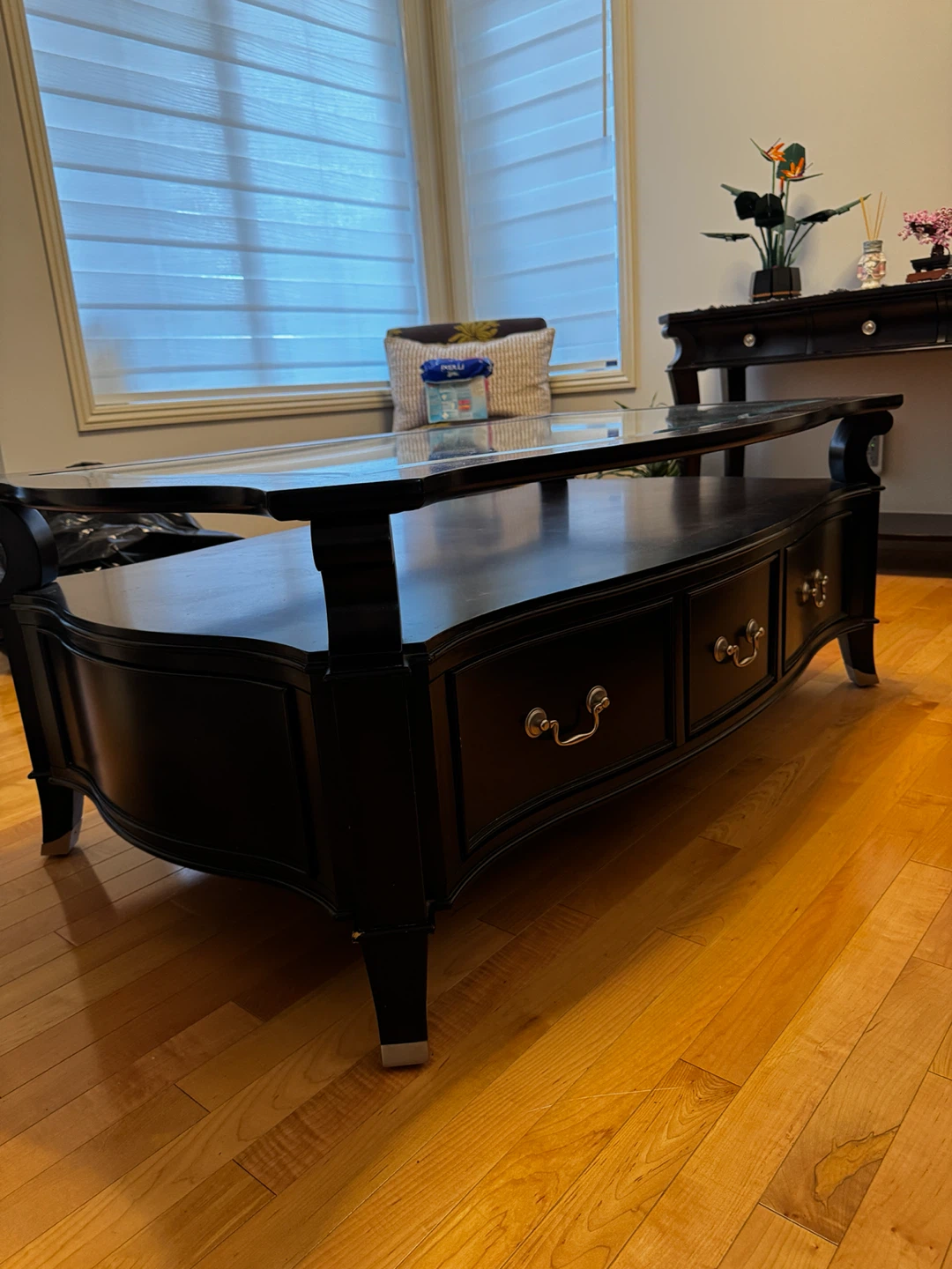 Dark Wood Coffee Table with Glass Top and Drawers