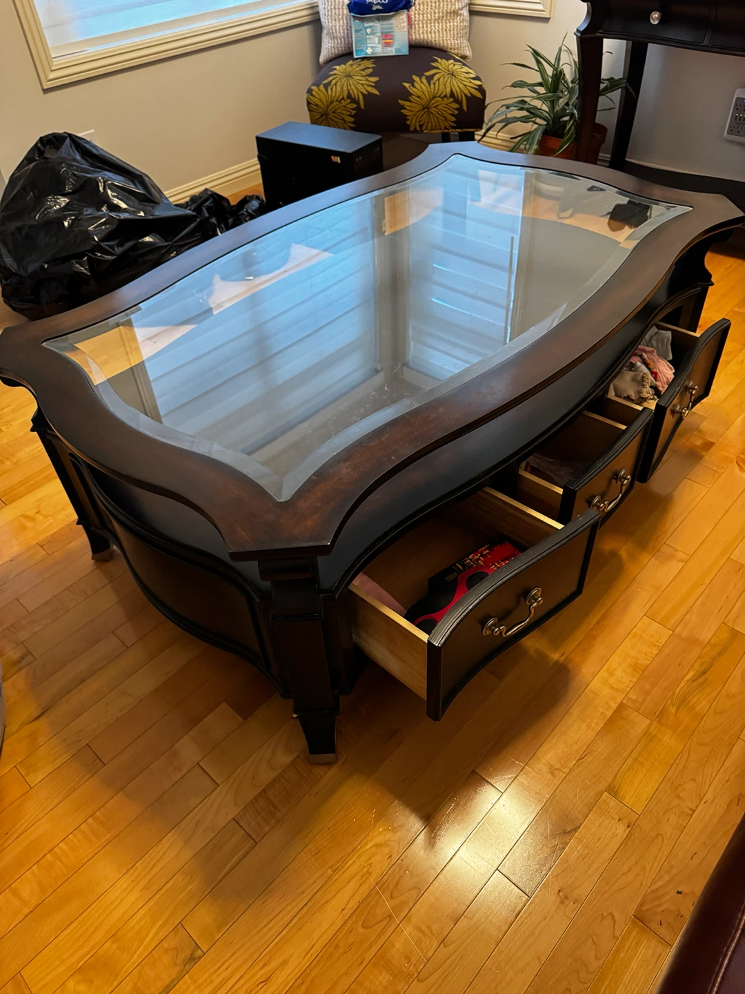 Dark Wood Coffee Table with Glass Top and Drawers - photo 2