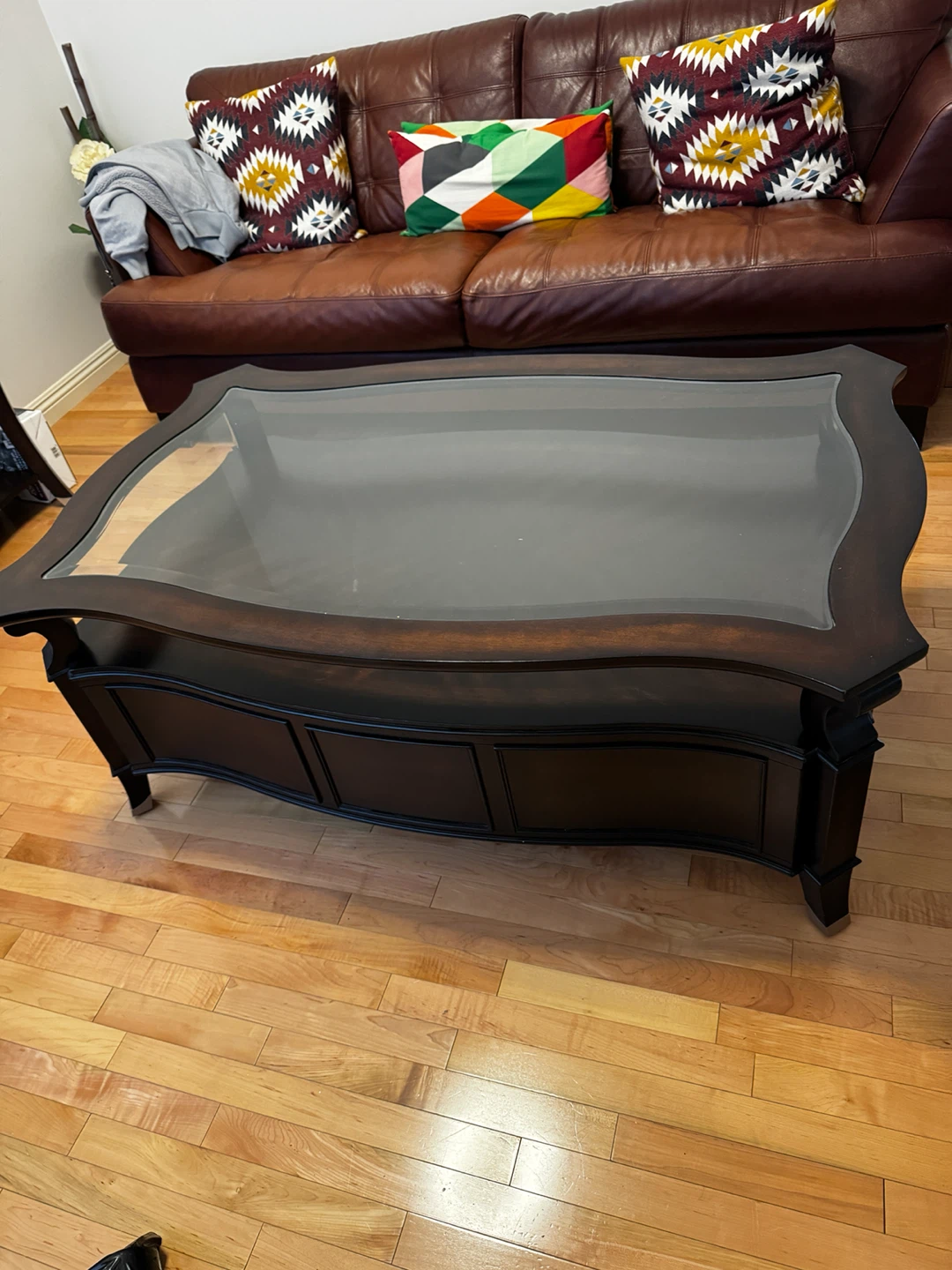 Dark Wood Coffee Table with Glass Top and Drawers - photo 3