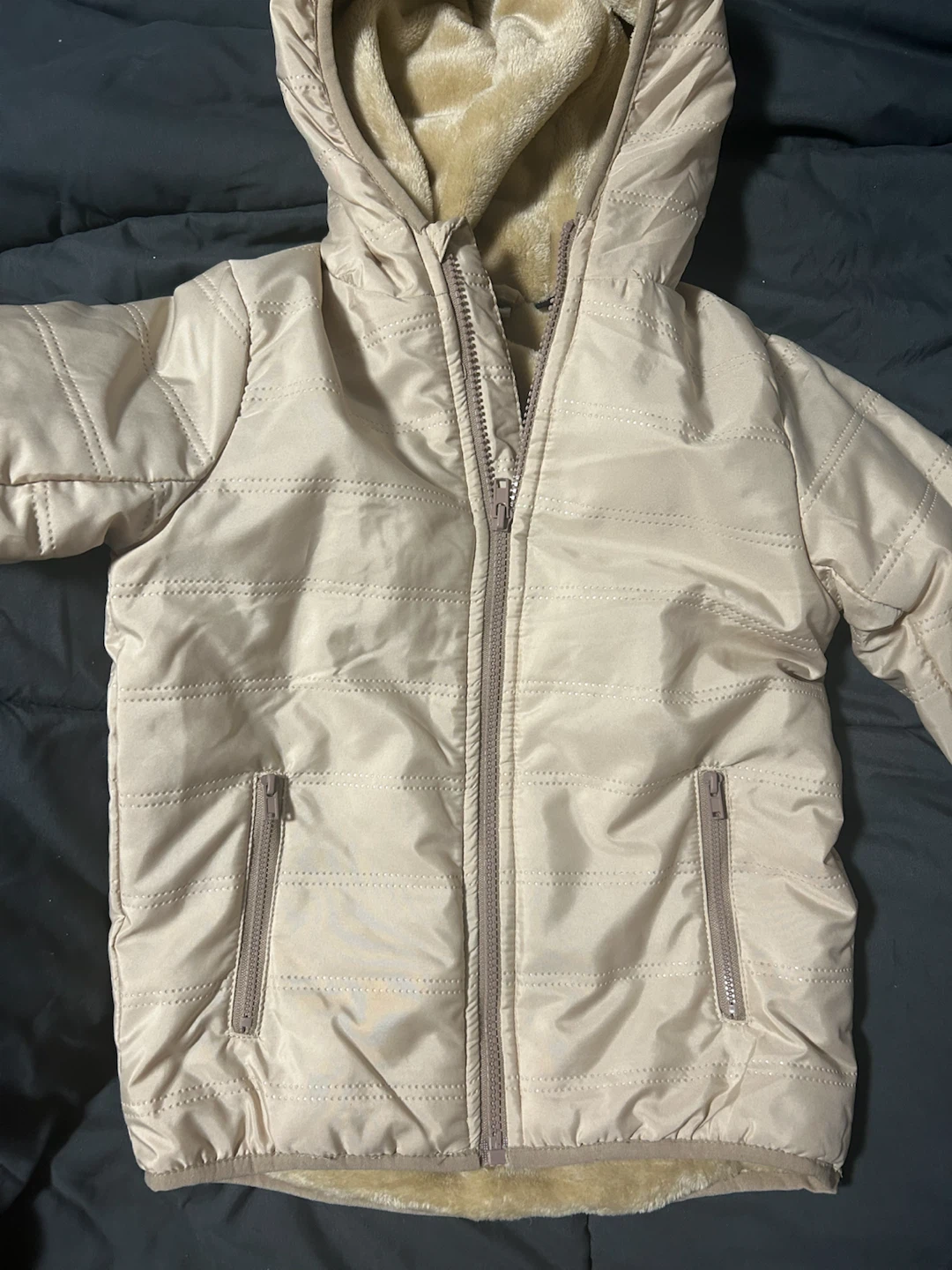 Beige Faux Fur Lined Hooded Jacket Kids