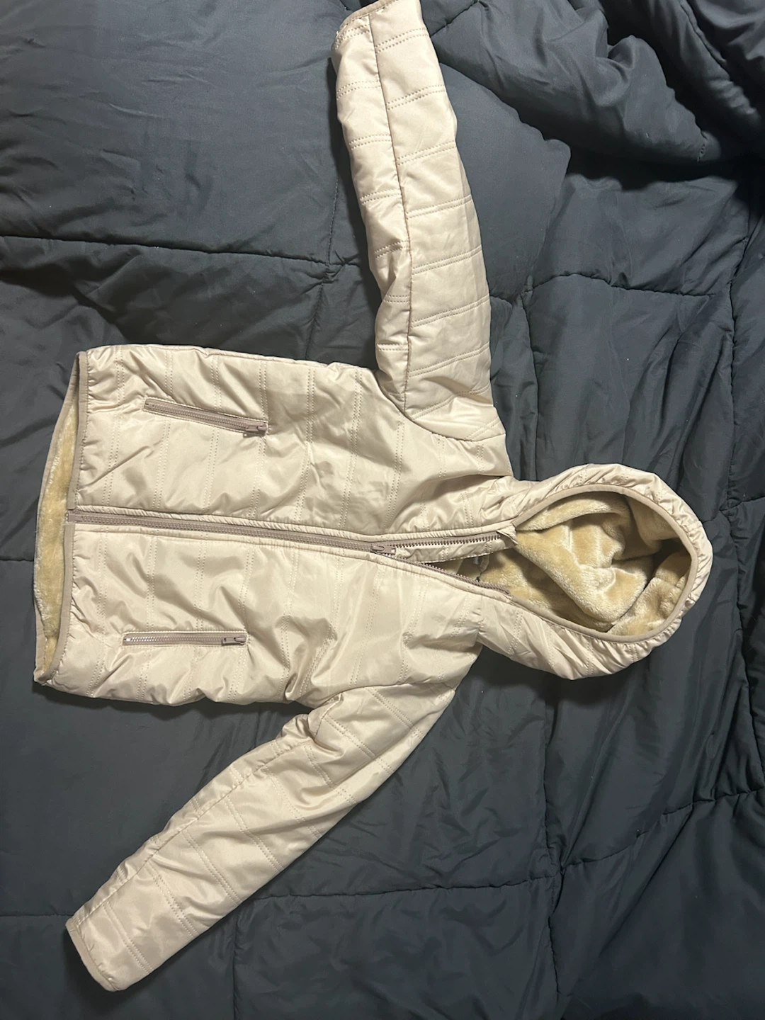 Beige Faux Fur Lined Hooded Jacket Kids - photo 2
