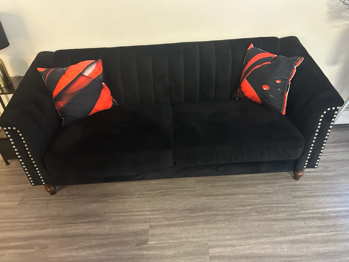 Black Velvet Sofa and Matching Armchair