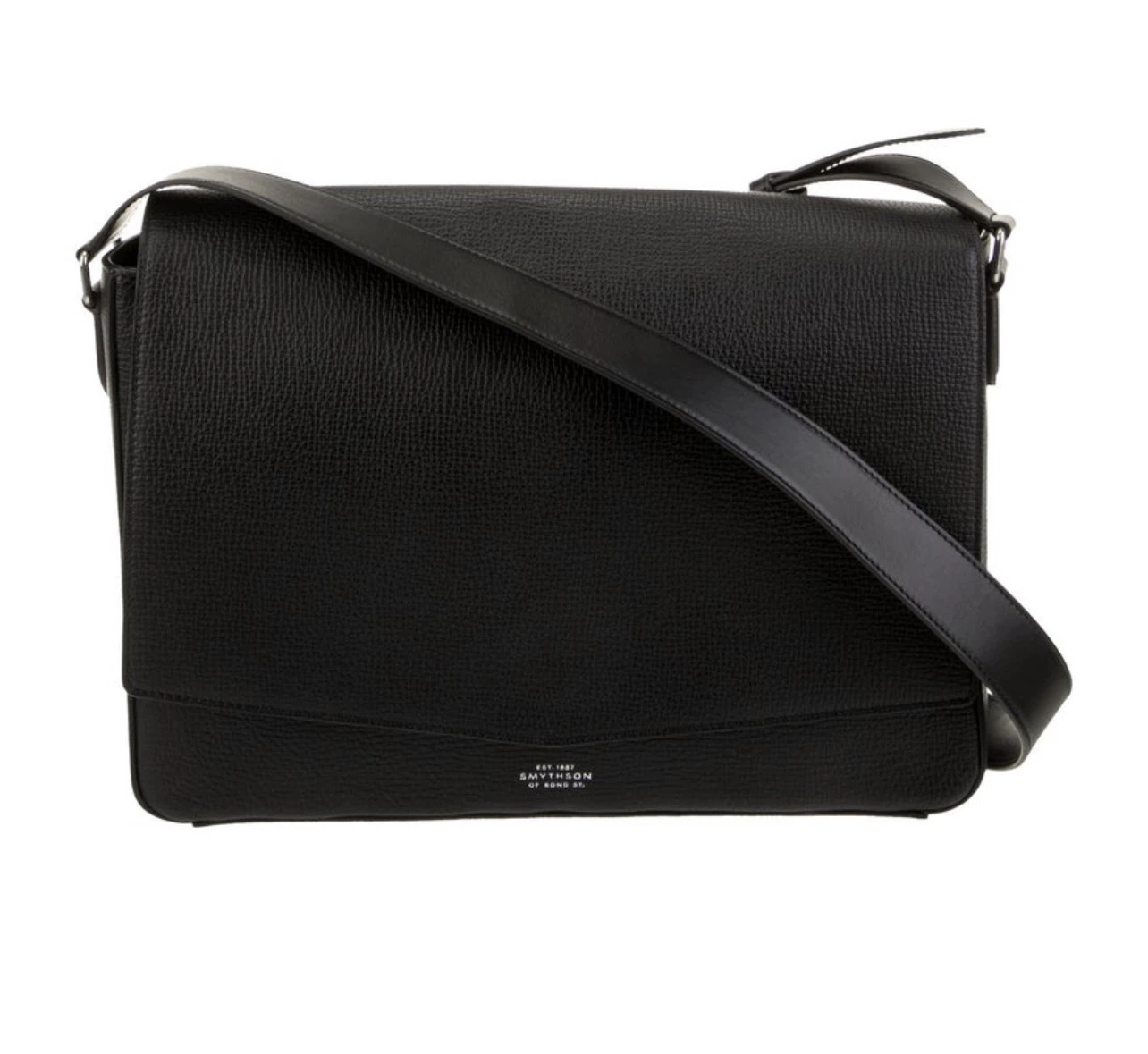 Smythson Black Leather Flap Messenger Bag. Pristine.