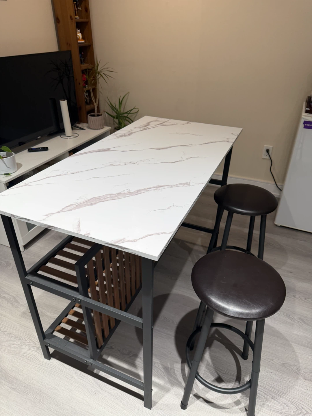 Faux Marble Kitchen Island Table with Two Stools