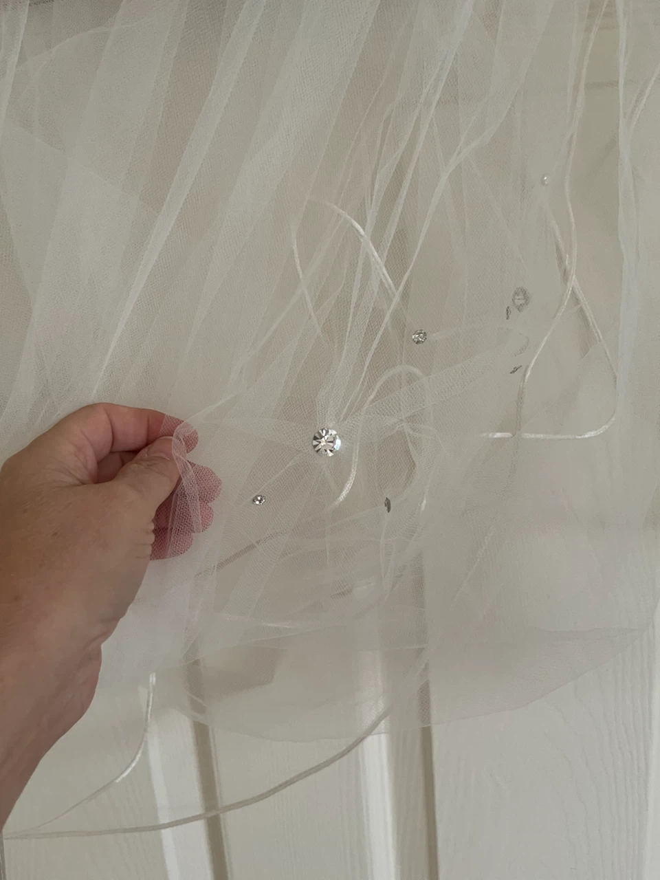 6 Ft Used 2 Tier White Rhinestone Embellished Wedding Veil