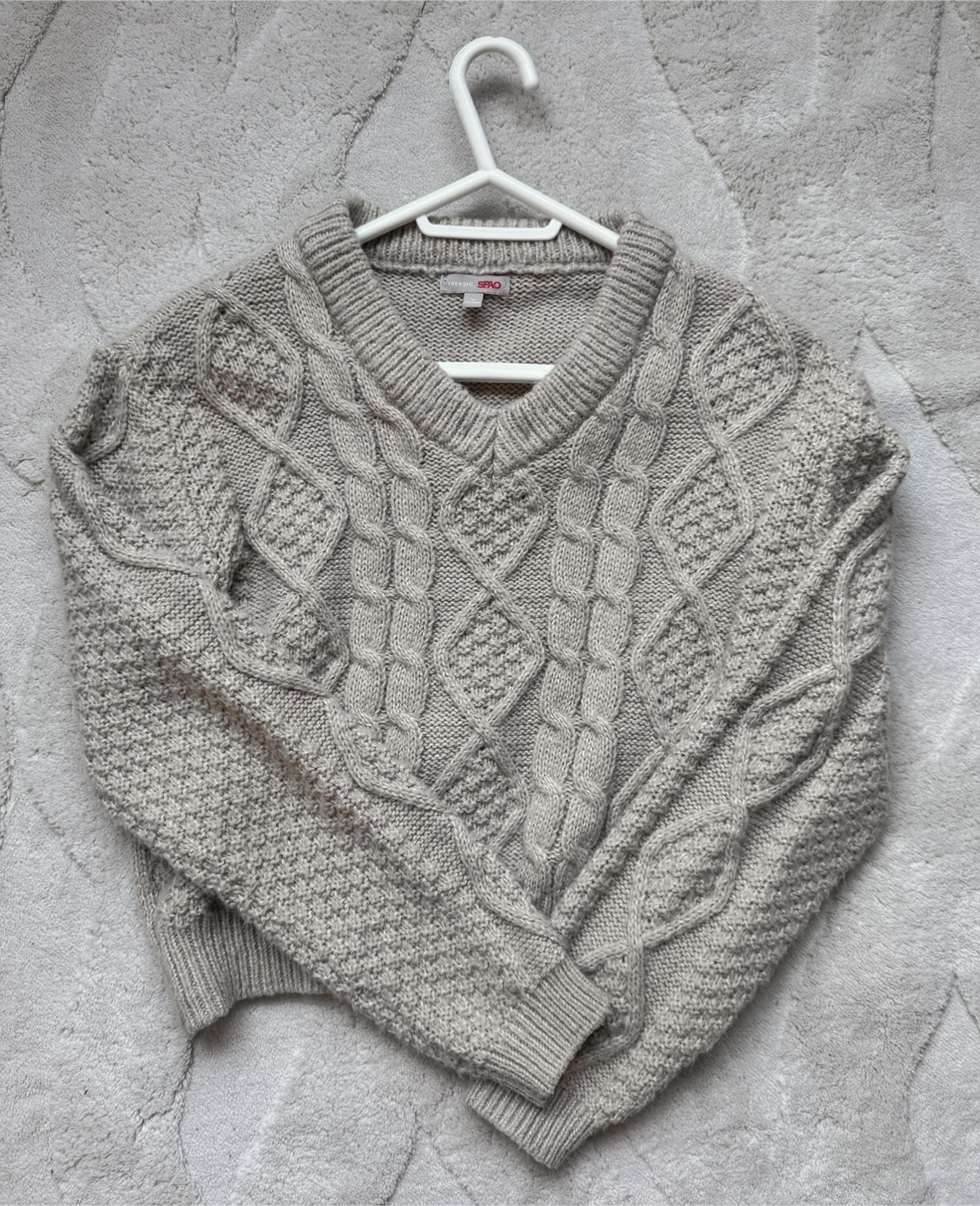 Korean V-Neck Cable Knit Sweater Beige