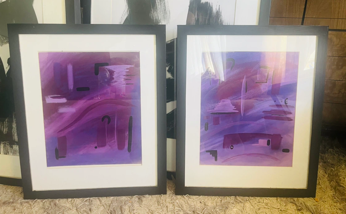 Set of two purple abstract framed art prints