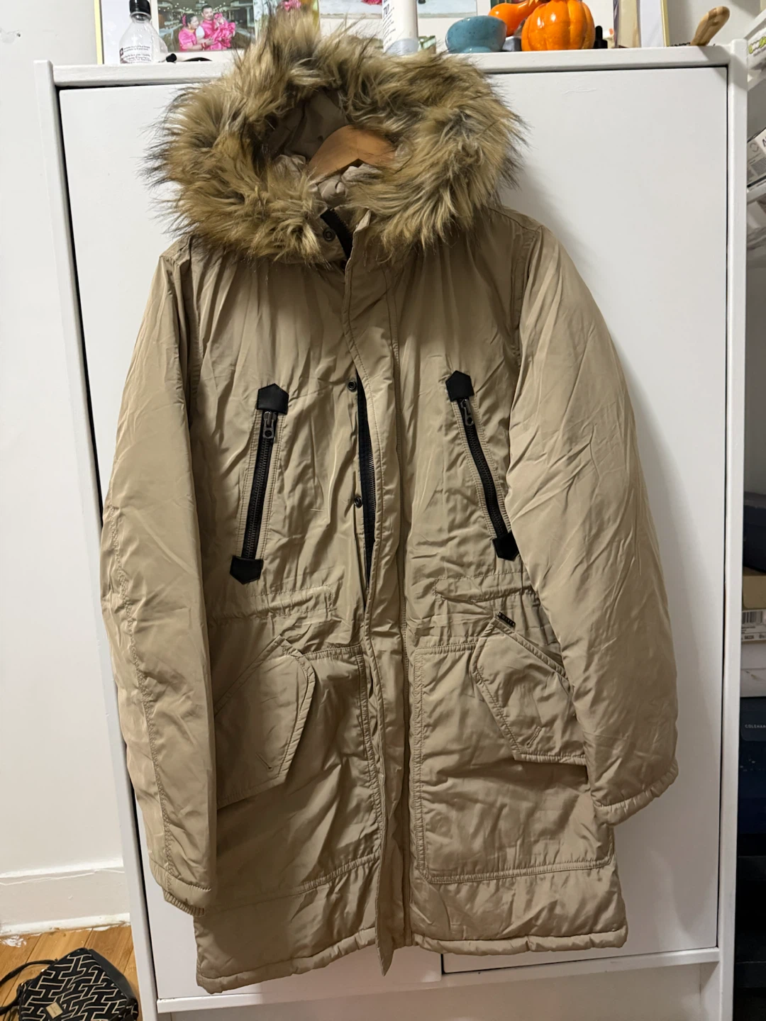 Diesel Faux Fur Hooded Parka Tan