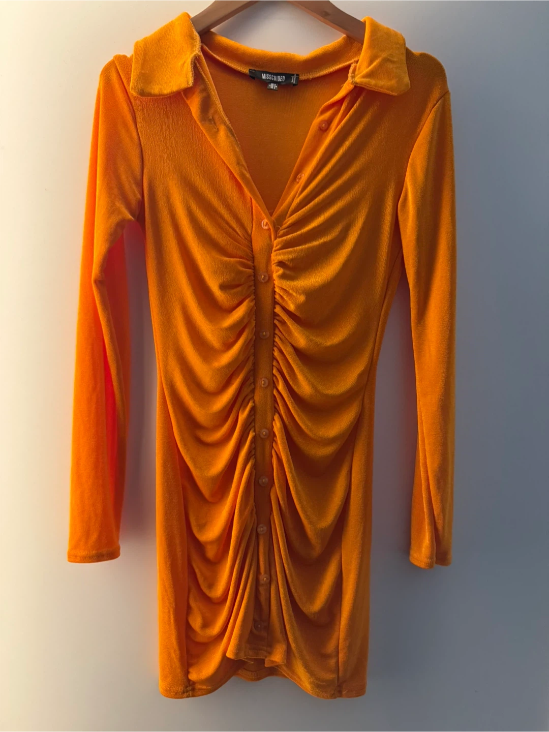 BRAND NEW ruched button up missguided orange dress size small - photo 2
