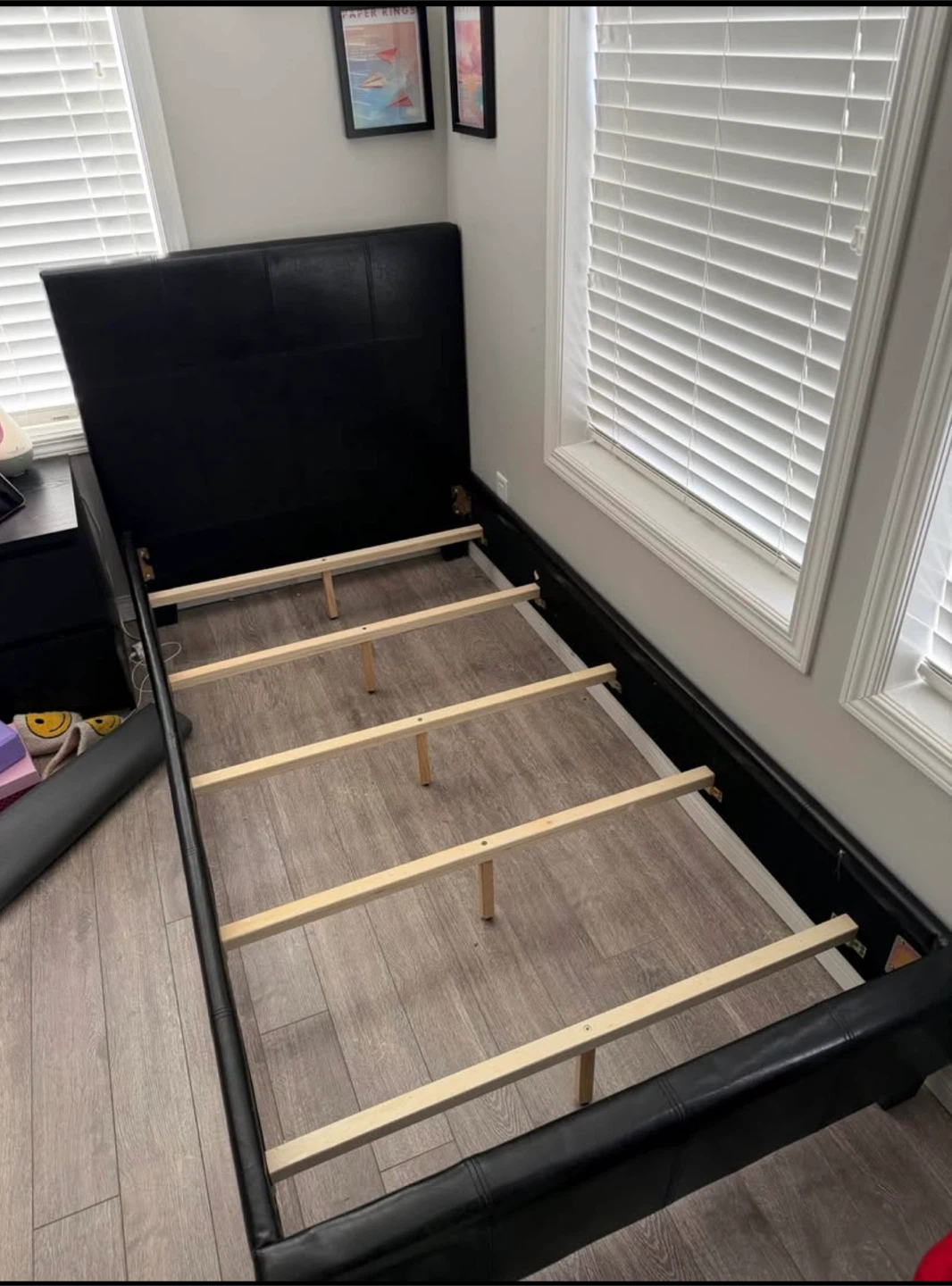 Twin bedframe with boxspring and mattress