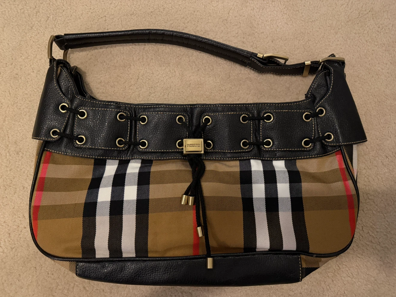 Vintage Burberry Nova Check Shoulder Bag – Black Leather & Plaid