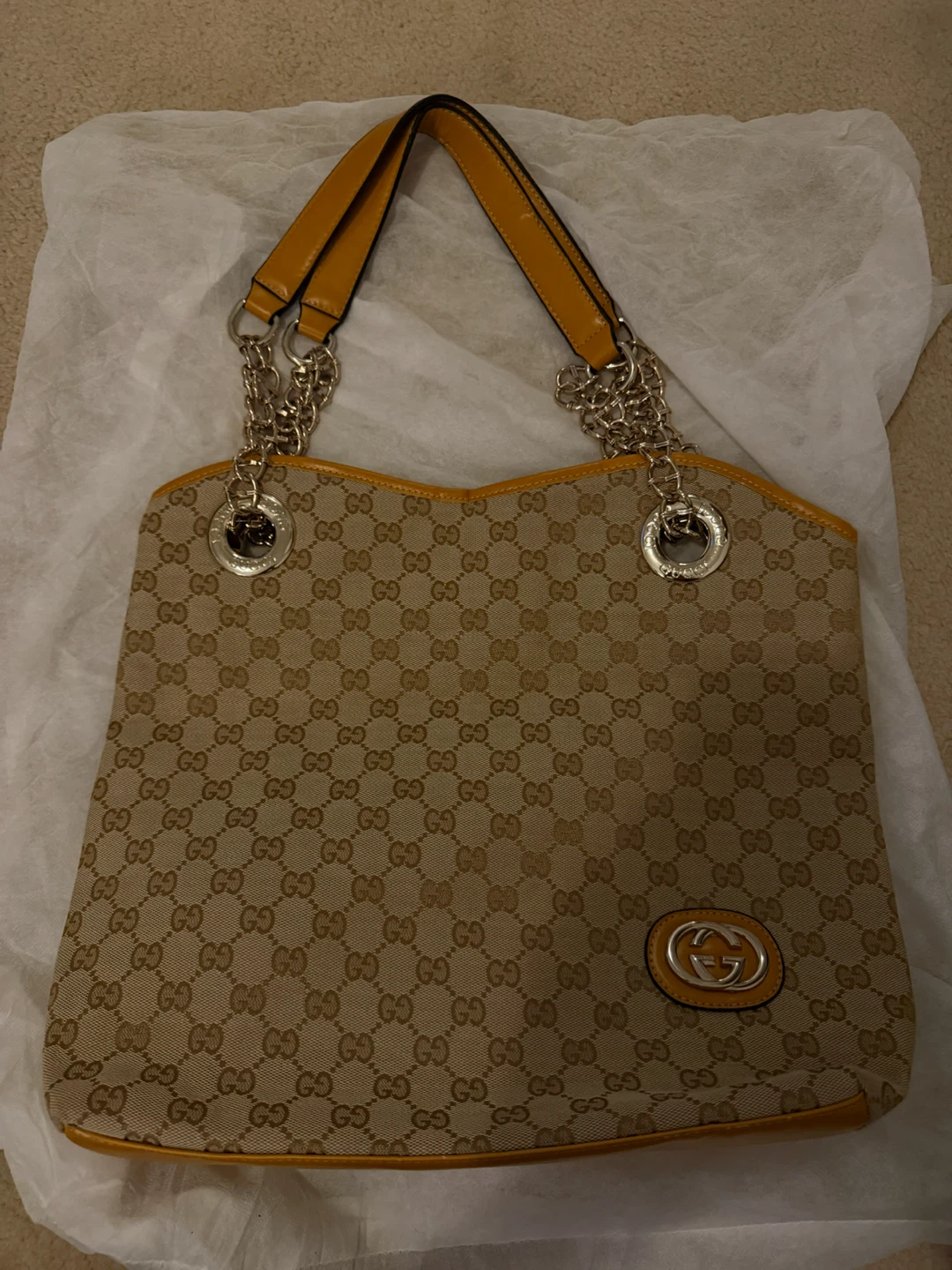 Vintage Gucci GG Monogram Chain Shoulder Tote Bag