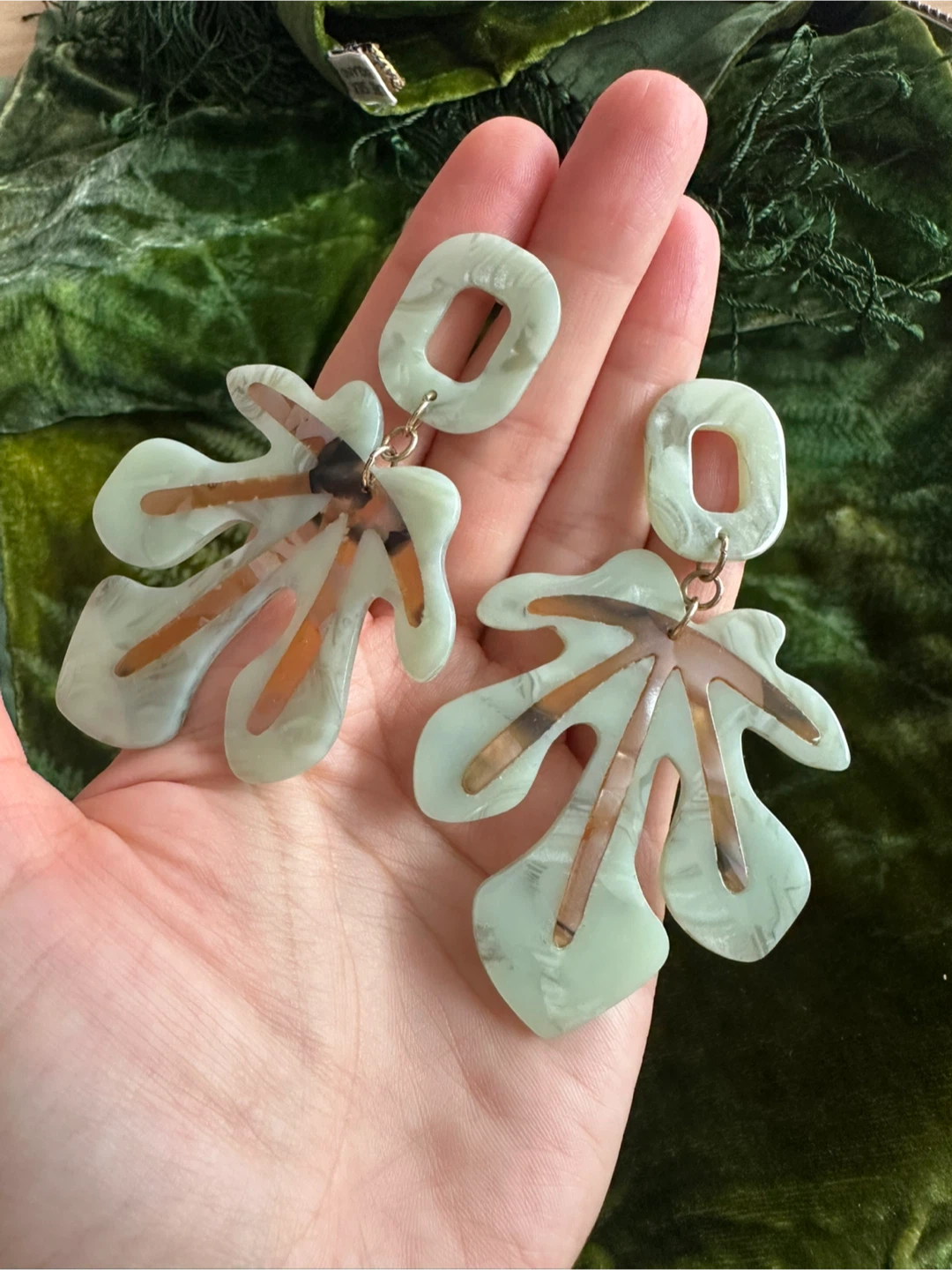 Green Leaf Resin Statement Earrings