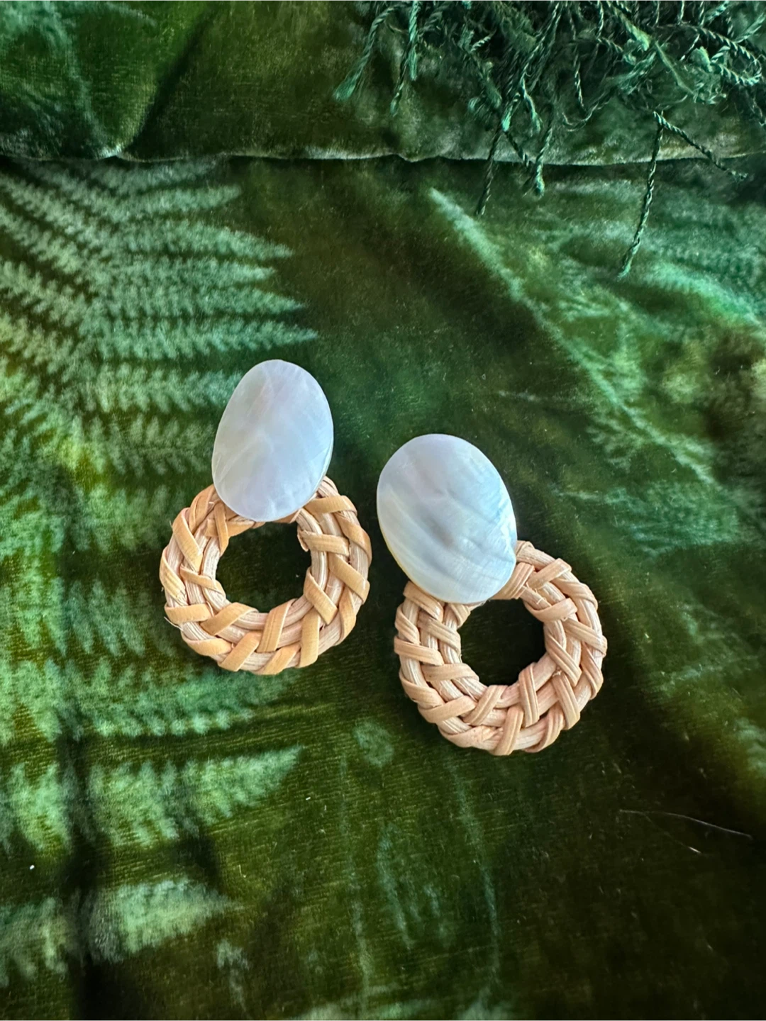 Woven Rattan and Mother of Pearl Earrings