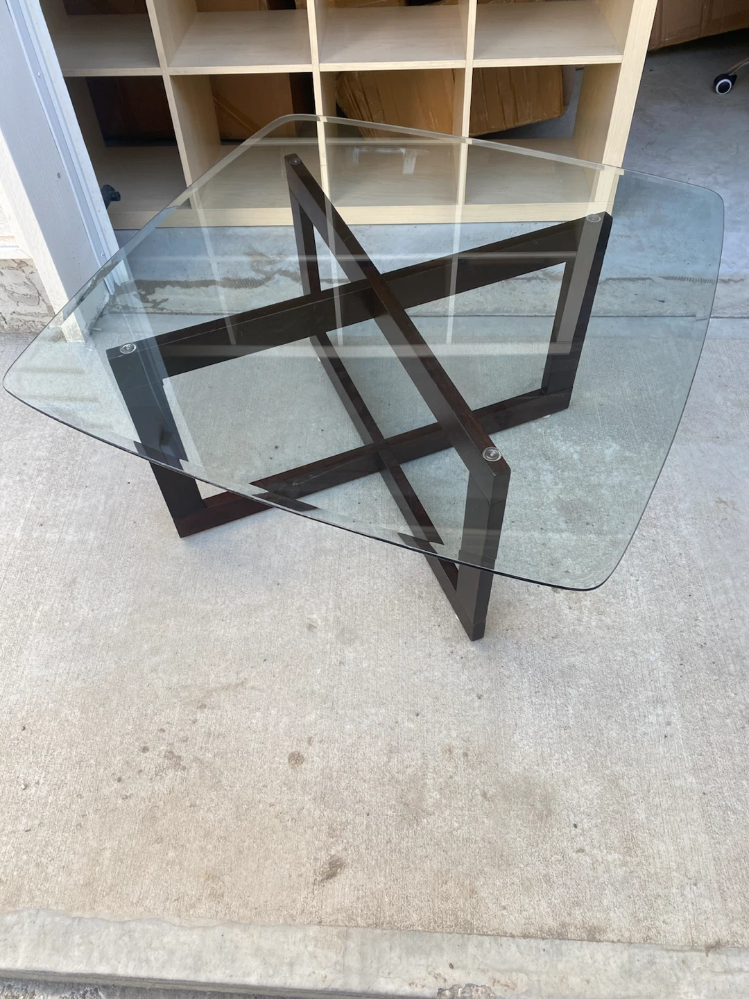 Square Glass Coffee Table with Dark Wood Base