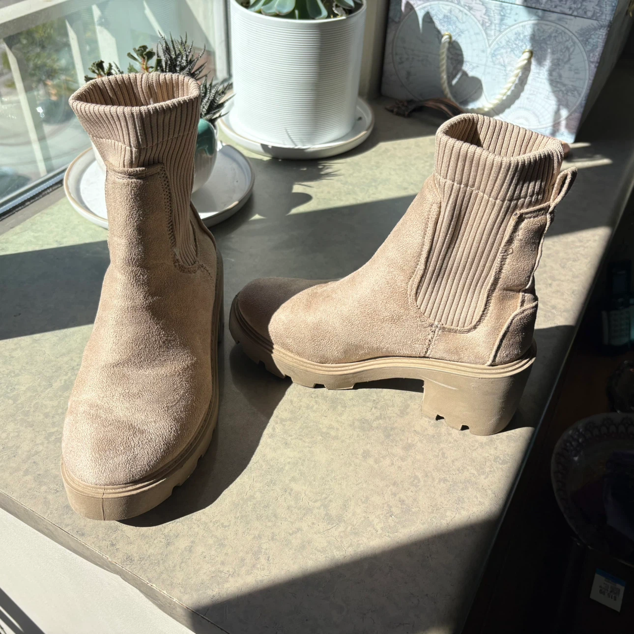 Beige Suede-Look Lug Sole Ankle Boots