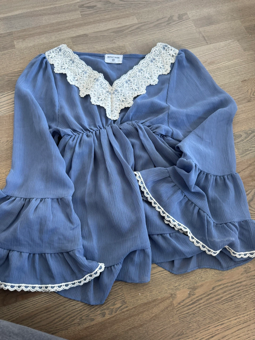 Repeat Mark blue blouse with lace collar