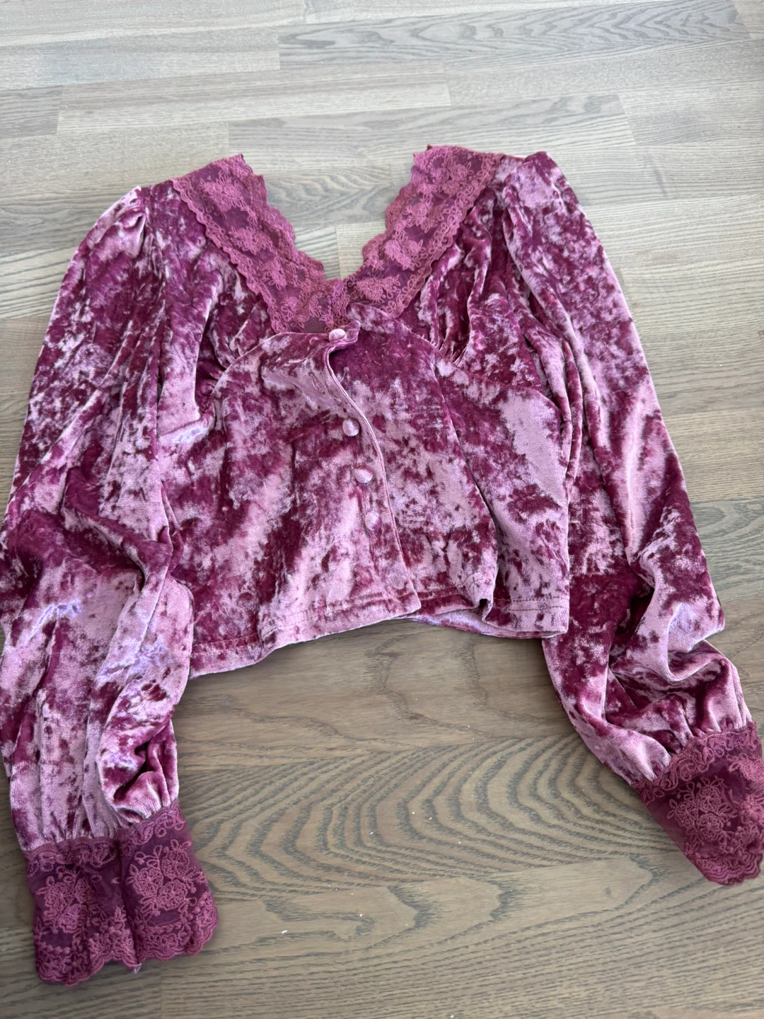 Mauve Crushed Velvet Lace Trim Long Sleeve Top