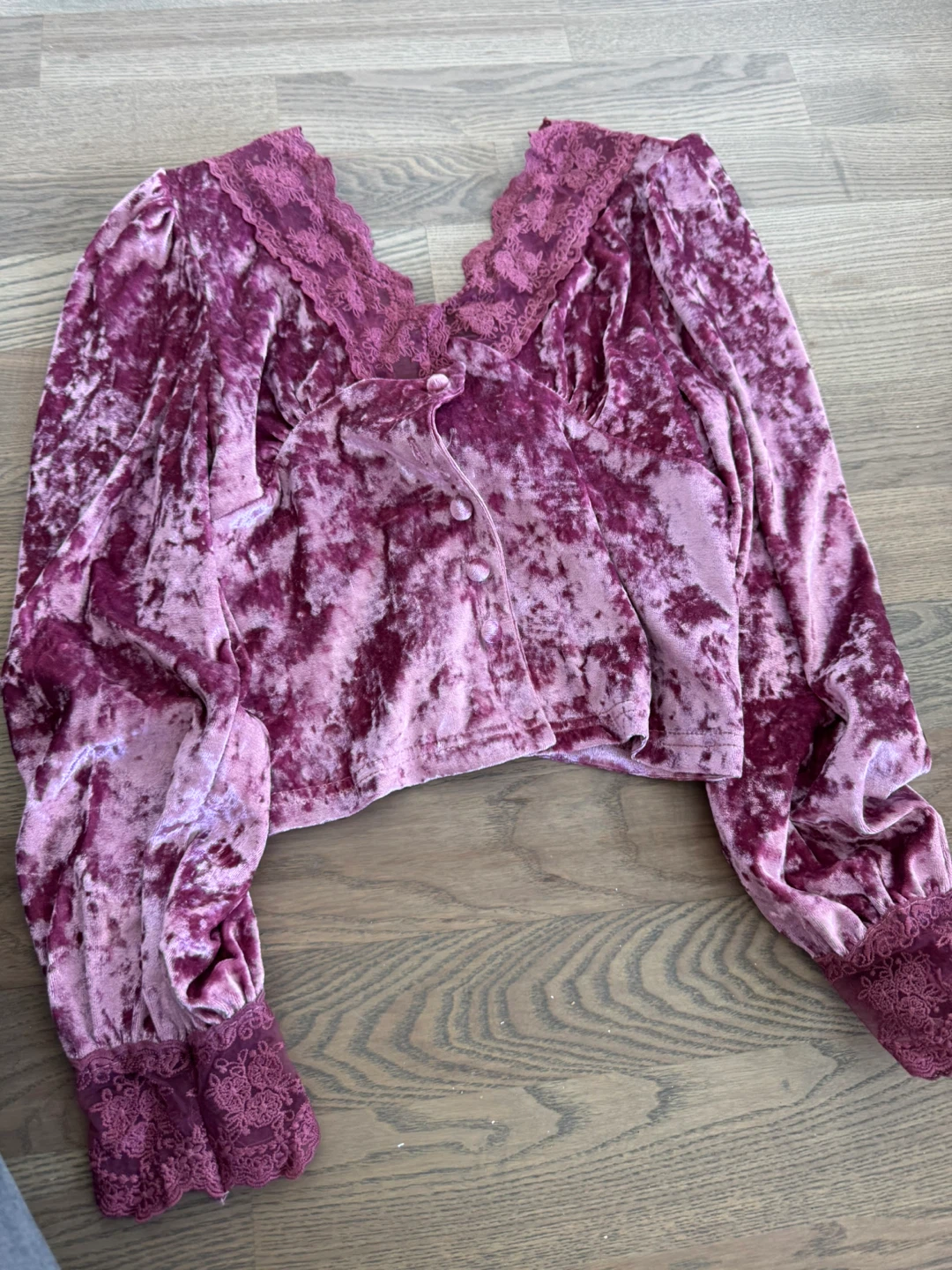 Mauve Crushed Velvet Lace Trim Long Sleeve Top - photo 2
