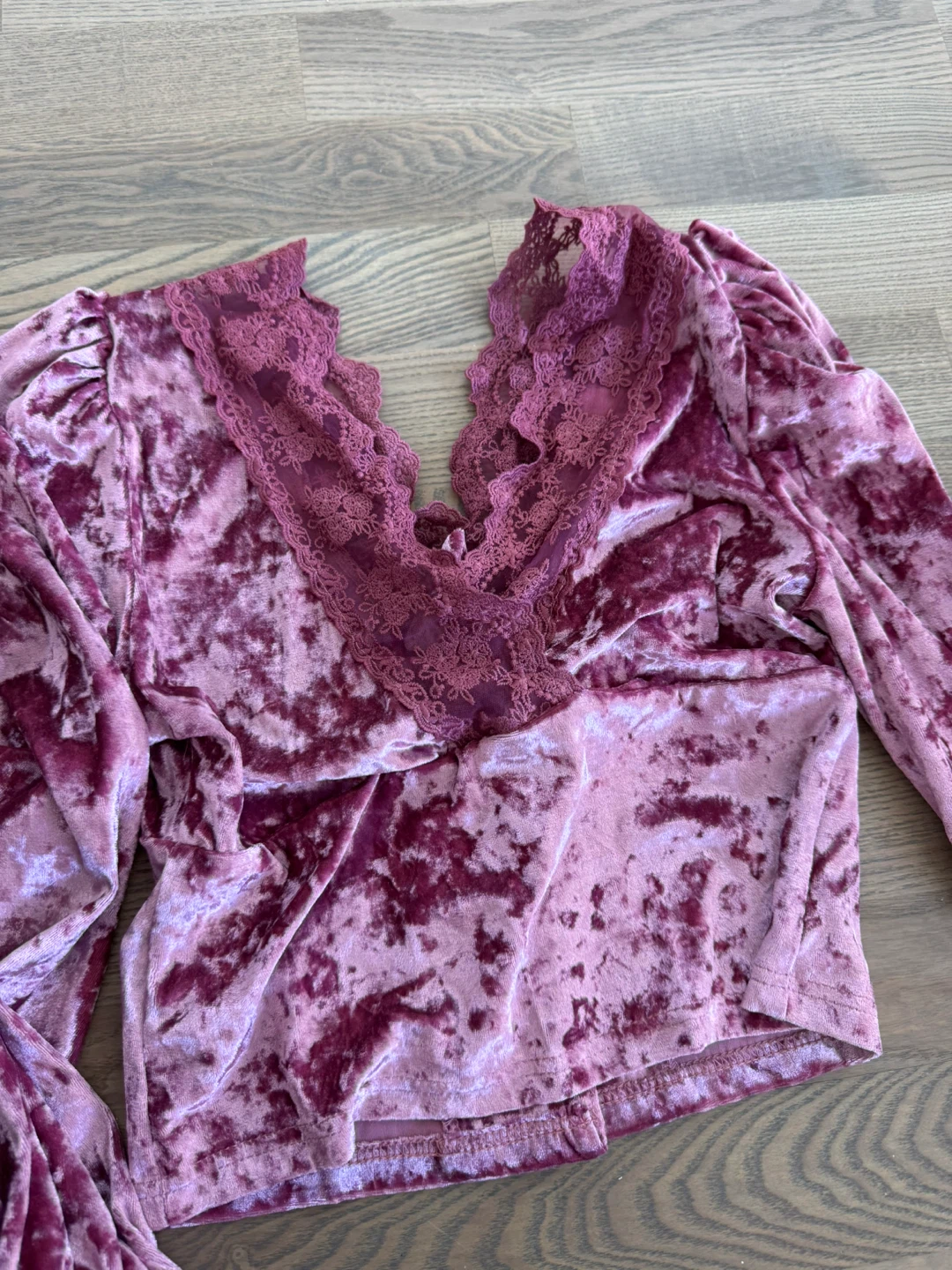 Mauve Crushed Velvet Lace Trim Long Sleeve Top - photo 4