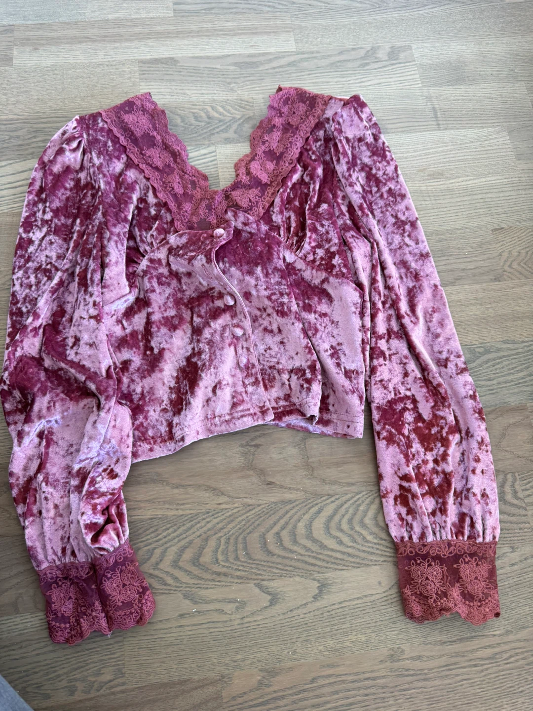 Mauve Crushed Velvet Lace Trim Long Sleeve Top - photo 5