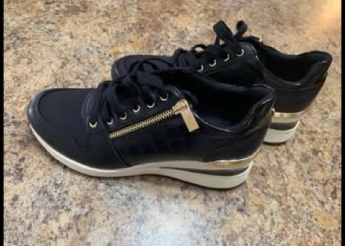 Black Wedge Sneakers with Gold Accents