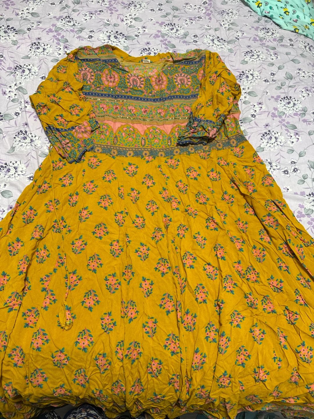 Yellow Floral Cotton Anarkali Dress