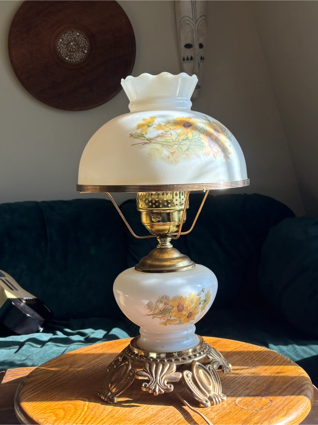 Vintage Milk Glass Table Lamp with Sunflower Design