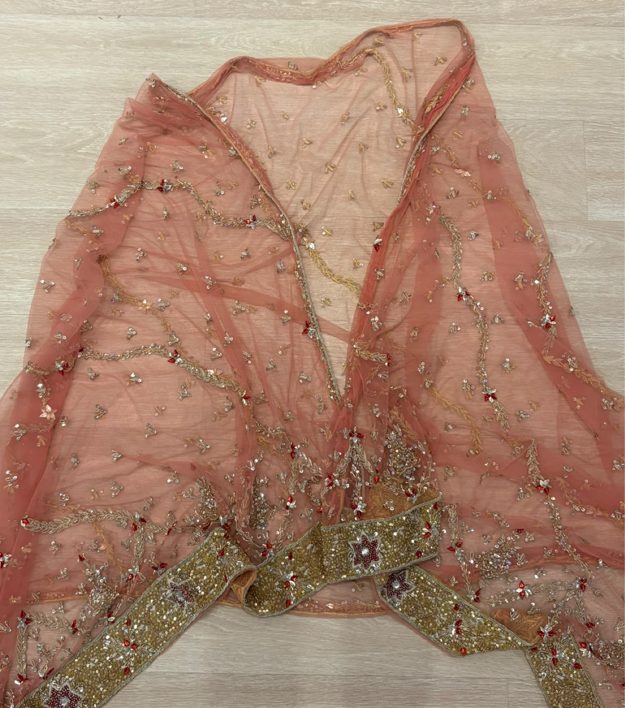 Embroidered Peach Net Dupatta - photo 2