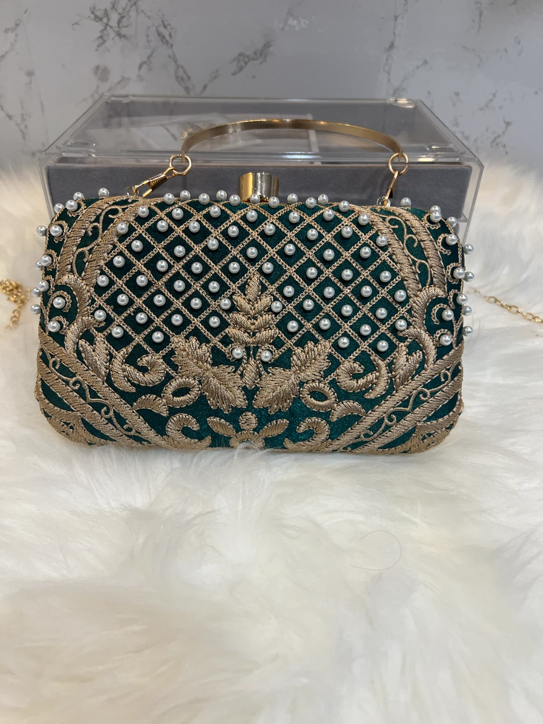 Dark Green Embellished Clutch Bag