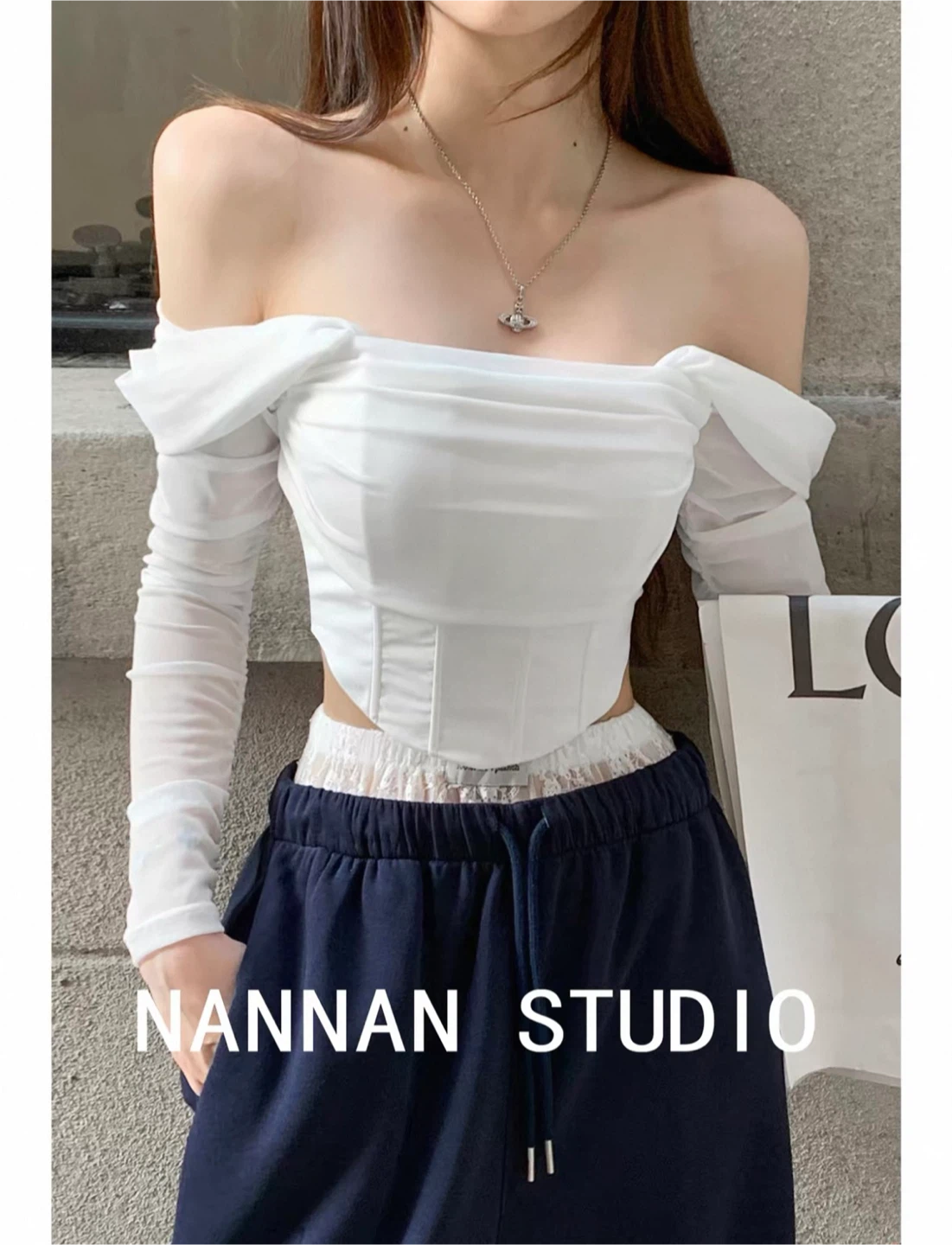 Designer’s Studio white corset top mesh sleeves - photo 2