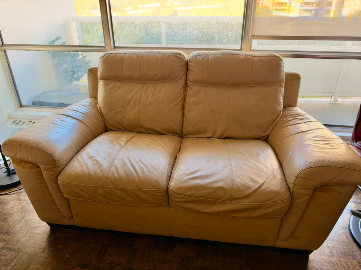 Beige Leather Loveseat, three seat sofa & wooden table