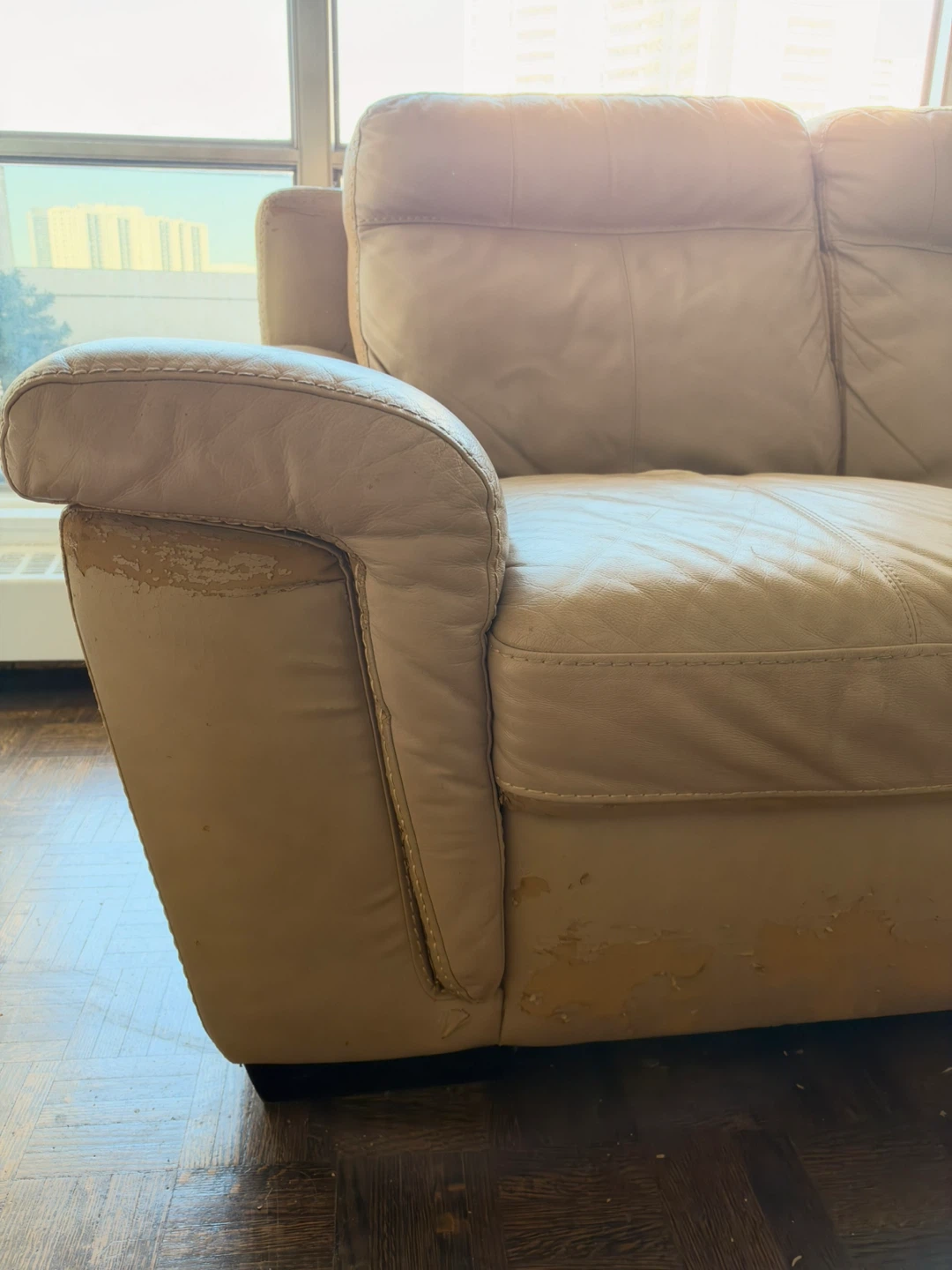 Beige Leather Loveseat, three seat sofa & wooden table - photo 2