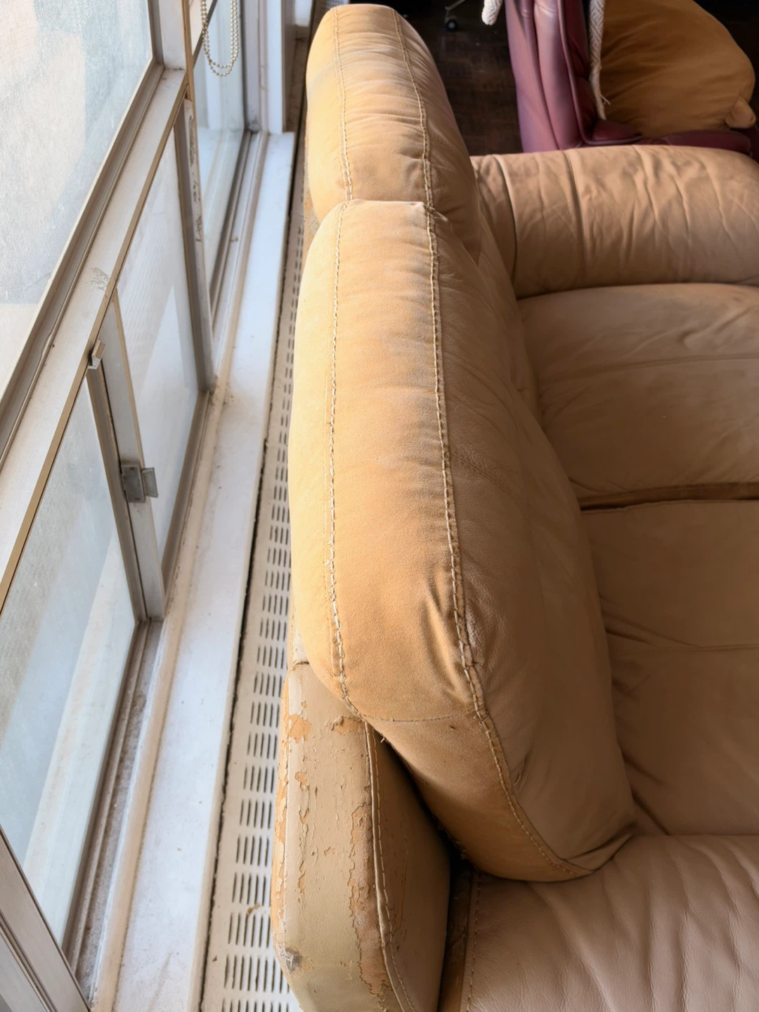 Beige Leather Loveseat, three seat sofa & wooden table - photo 3