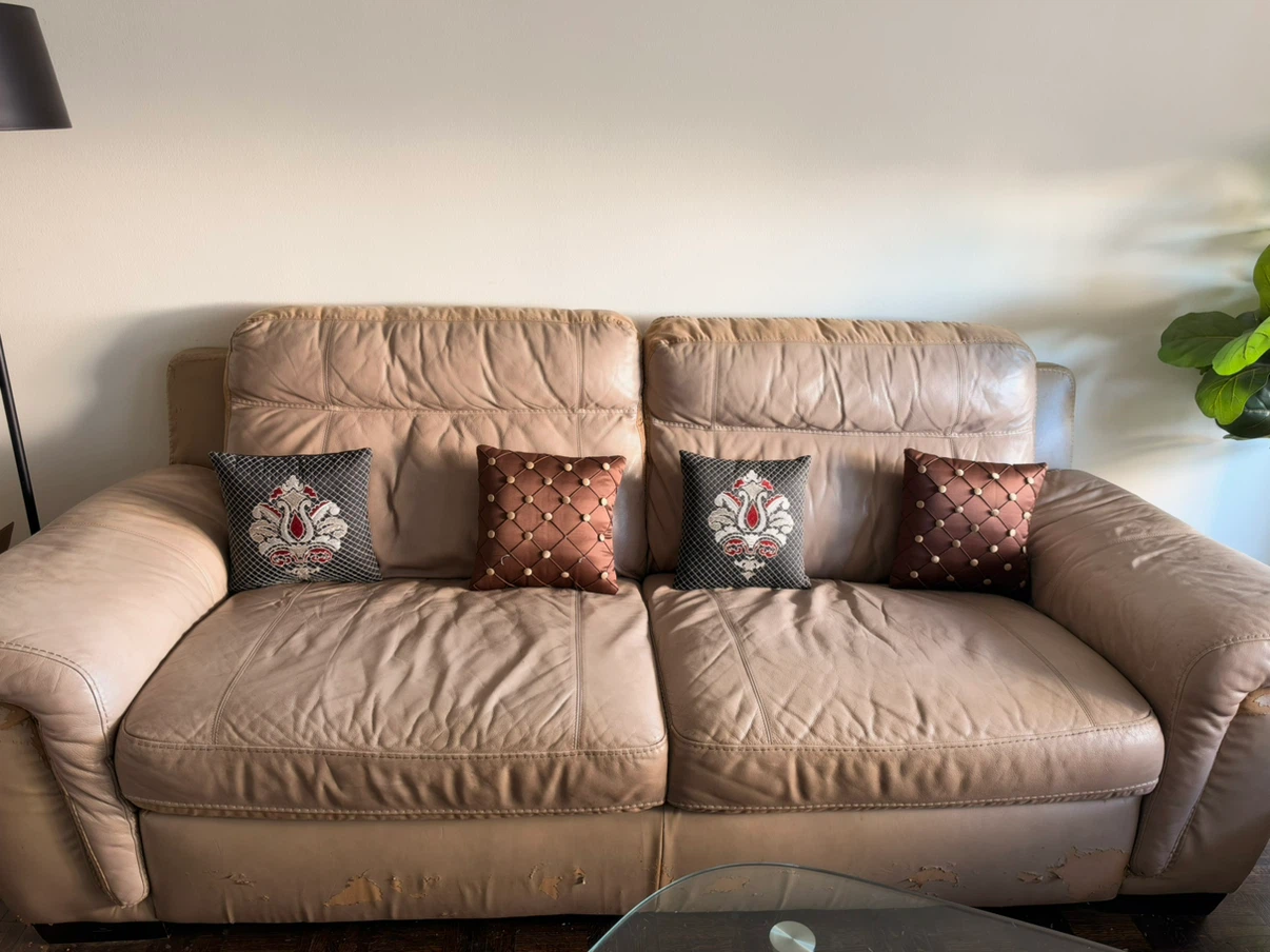 Beige Leather Loveseat, three seat sofa & wooden table - photo 4