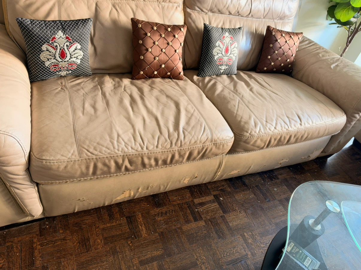 Beige Leather Loveseat, three seat sofa & wooden table - photo 5