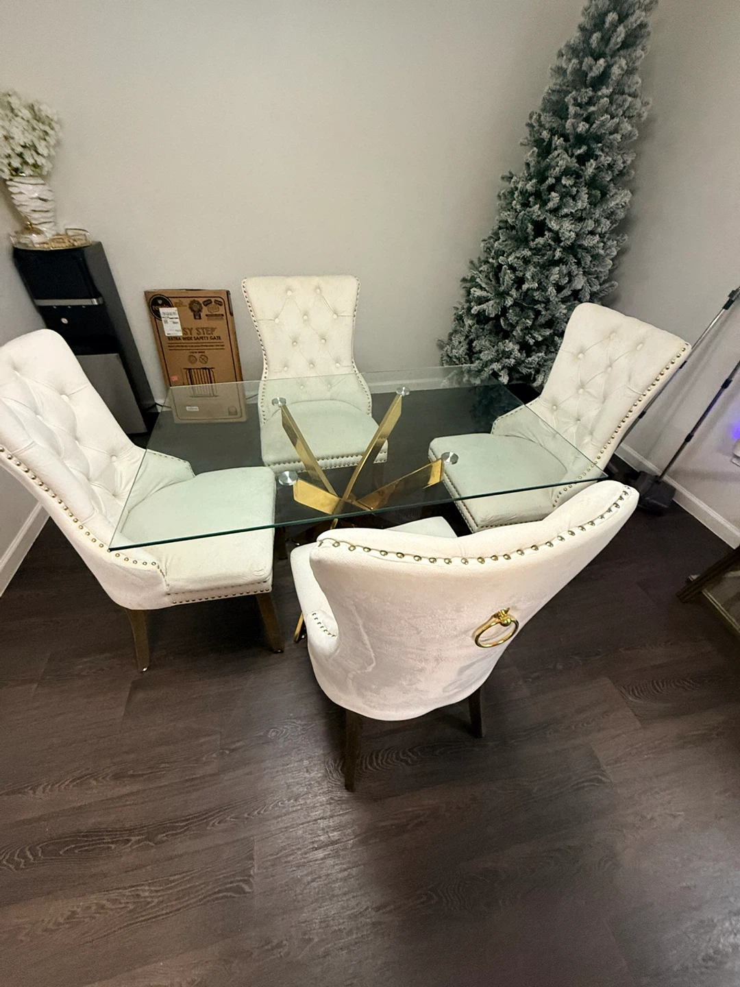 Glass Dining Table with 4 Upholstered Chairs