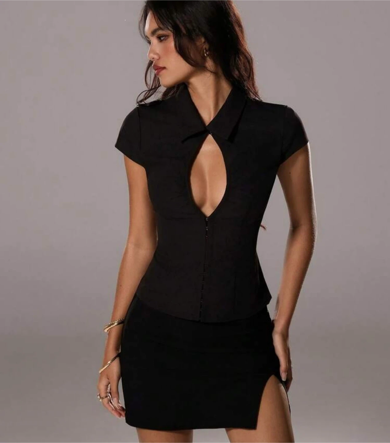 Black Front Keyhole Collared Shirt - M - photo 3