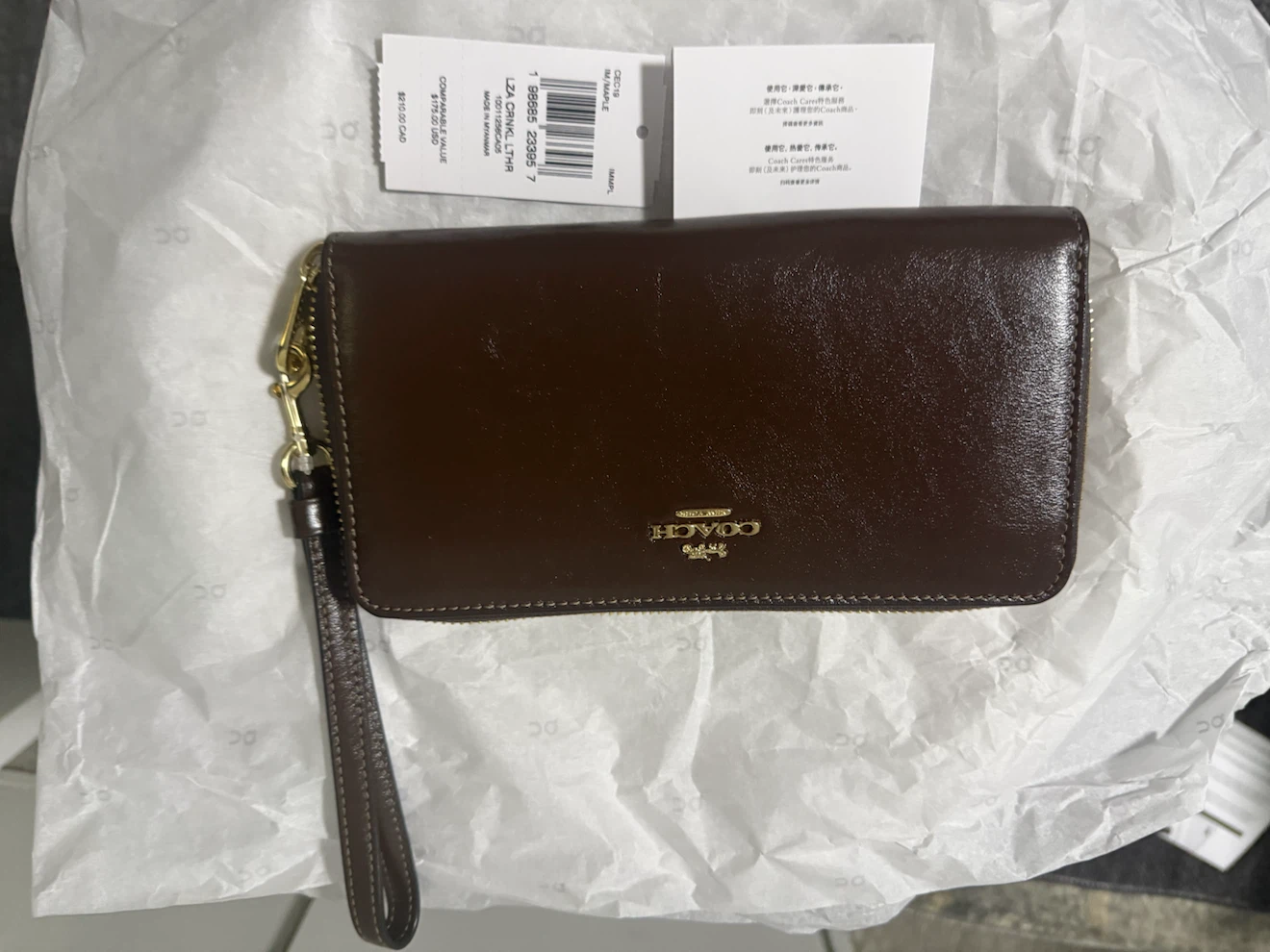 Coach Crinkled Leather Zip Wristlet Maple Authntic - photo 3