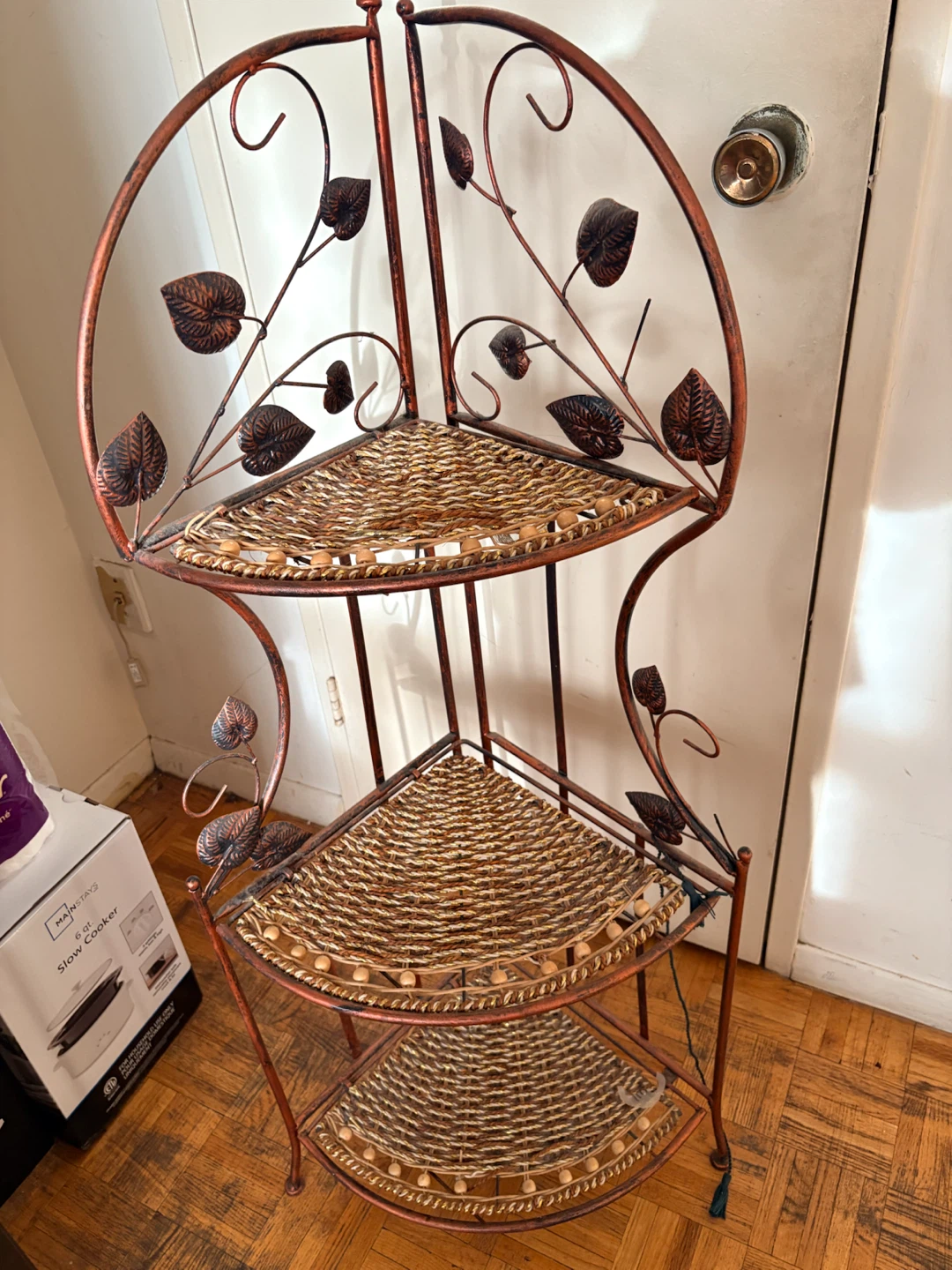 Metal and Wicker Corner Shelving Unit