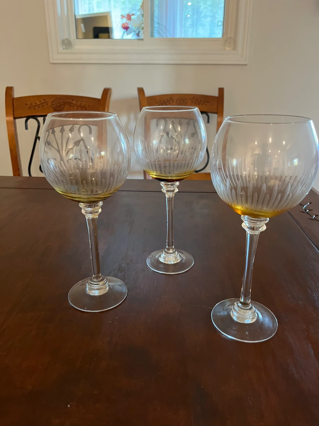 Vintage Set of 3 Etched Amber Base Wine Glasses