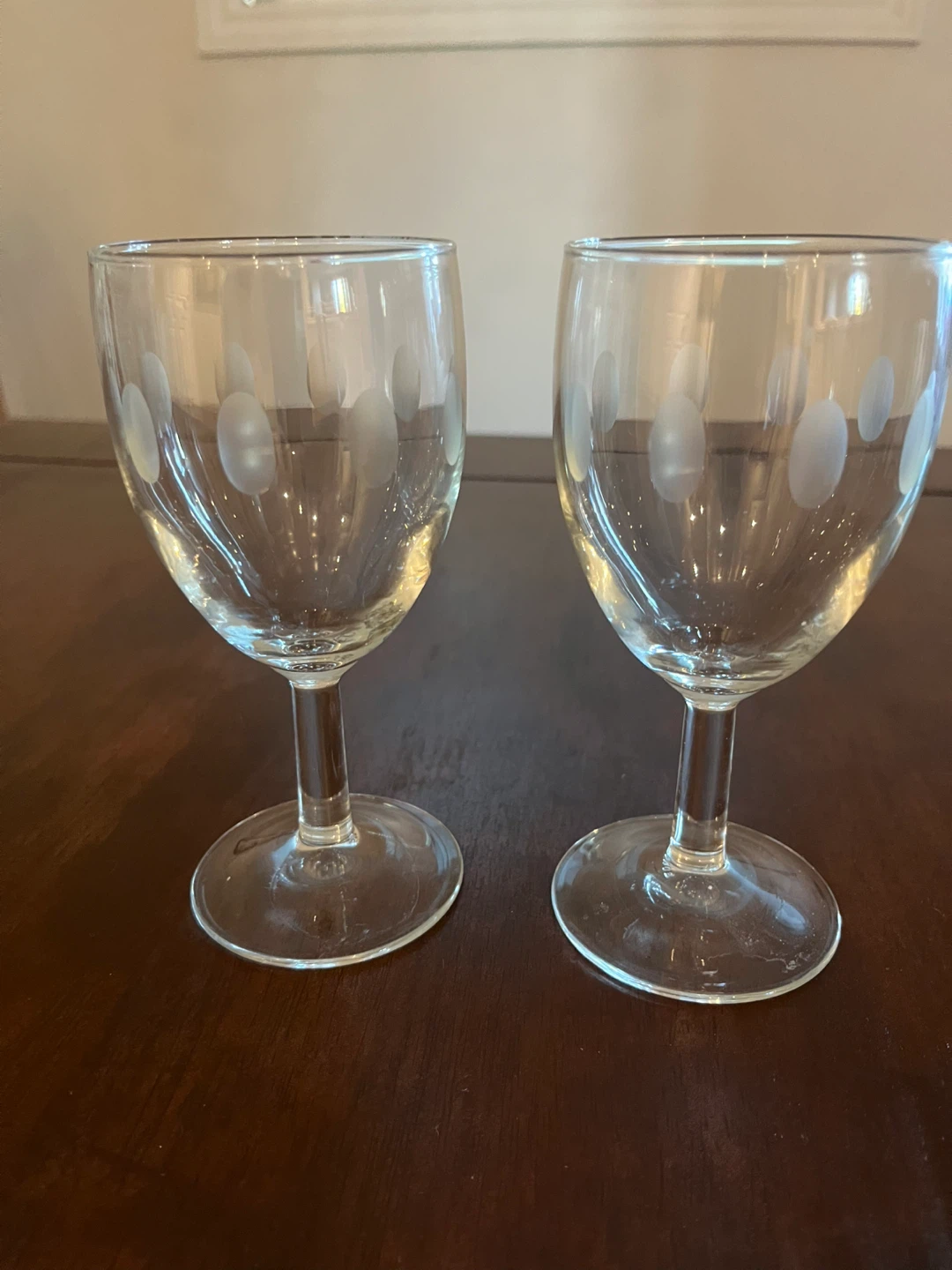 Vintage Set of 2 Etched Polka Dot Wine Glasses